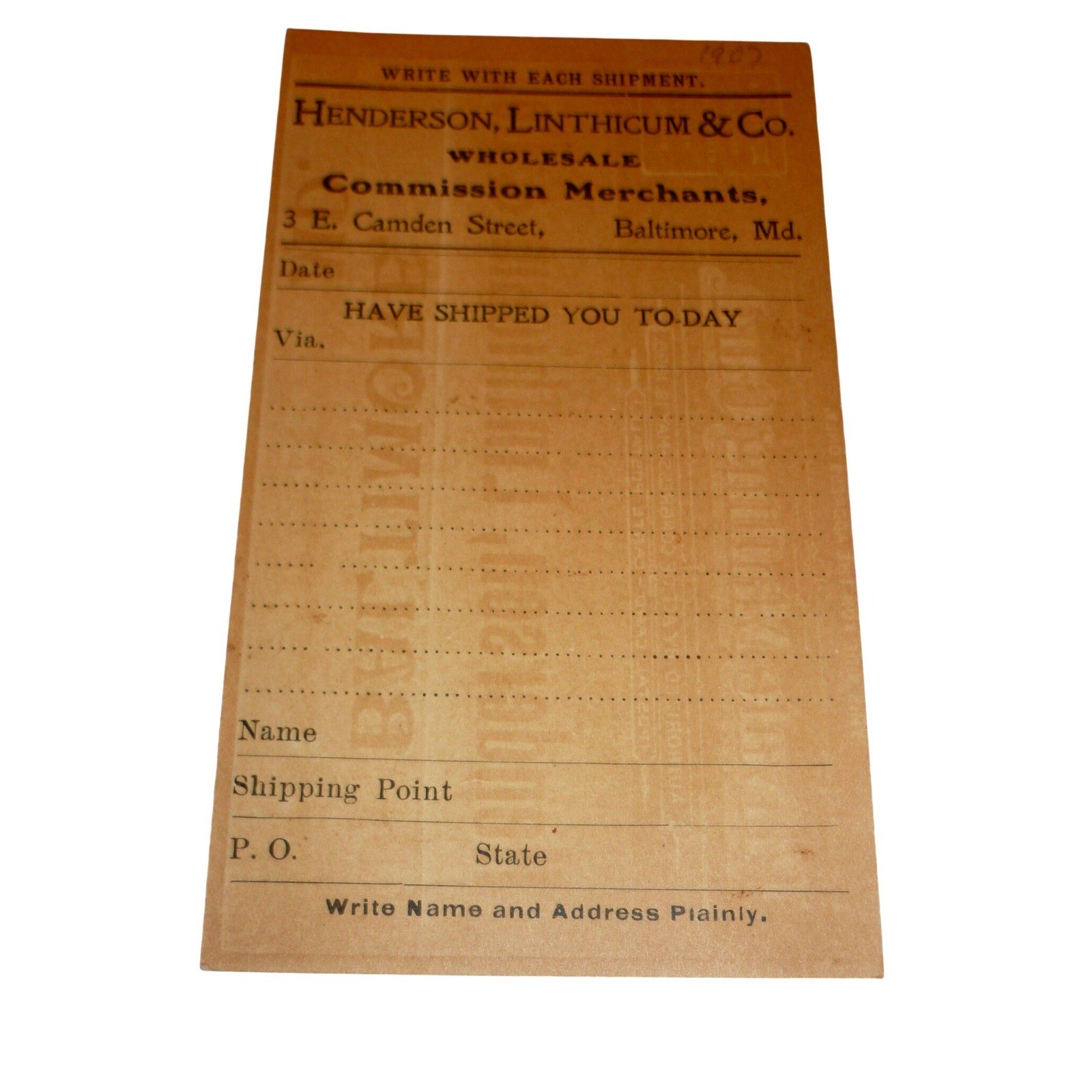 Antique Henderson Linthicum Baltimore MD Postal Card Wholesale Merchant Ephemera