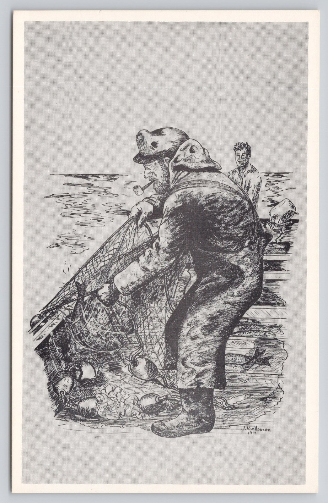 Salmon Net Fisherman J. VanHoesen Artist Signed Drawing Postcard