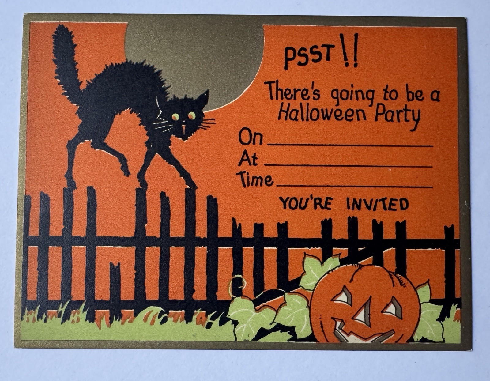 Vintage 1930’s Halloween Party Invitation Black Cat Fence JOL Pumpkin Gibson ?