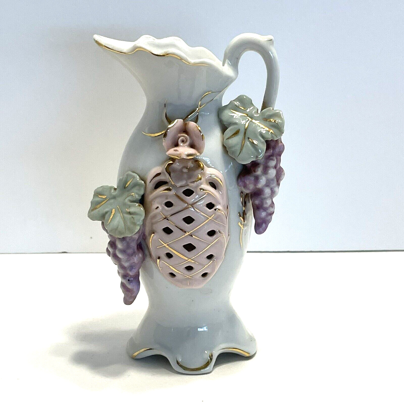 Vintage Victorian Style Porcelain Vase Grape Vines Floral Fruit Marked 52/127