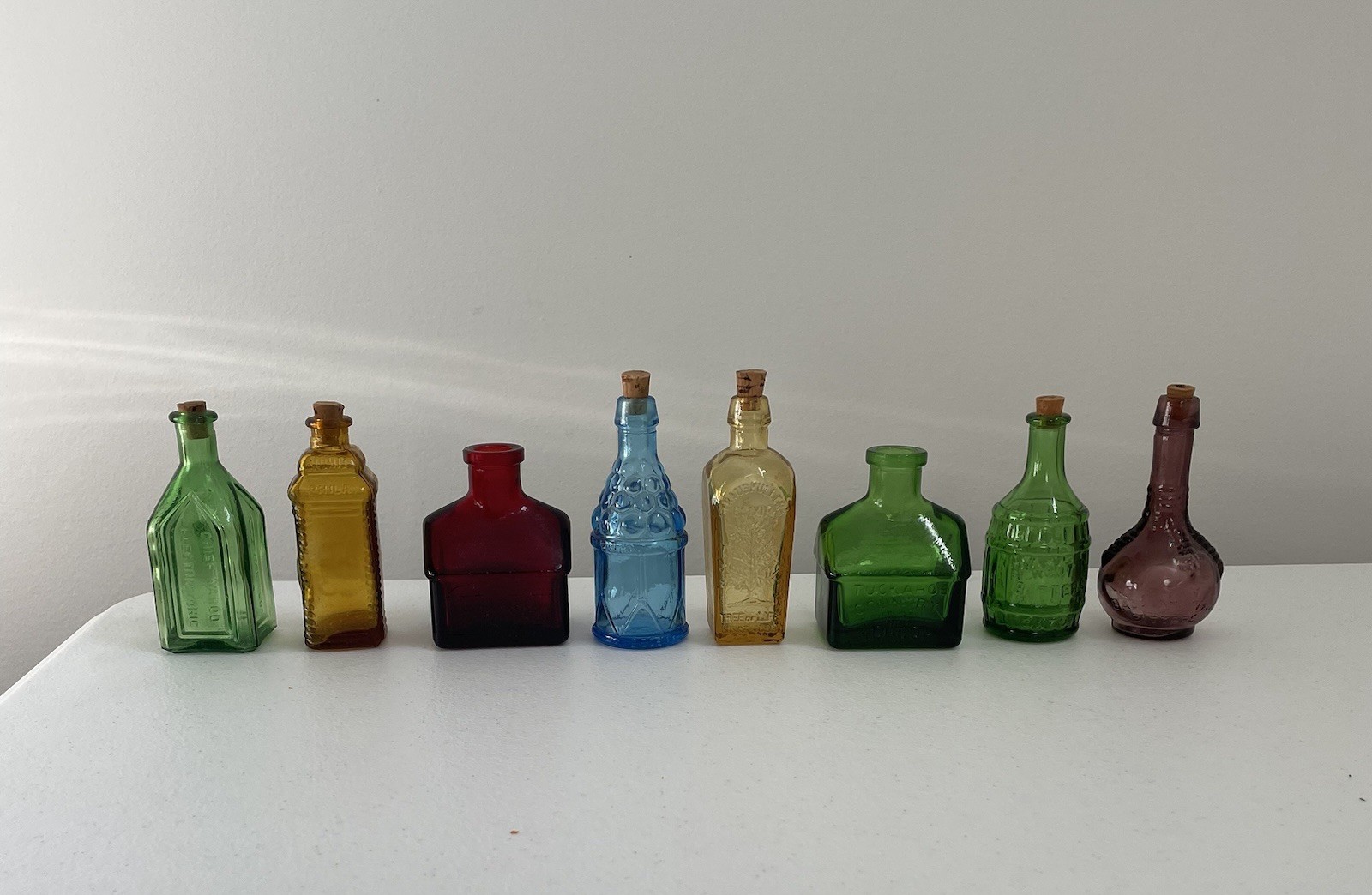 8 Vintage Miniature 3” Multi Color Apothecary Glass Bottles Taiwan Wheaton Apple