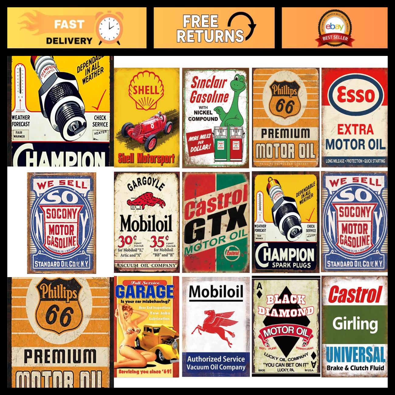 12 Vintage Gas & Oil Tin Signs - Retro Metal Wall Art for Home, Man Cave, Garage