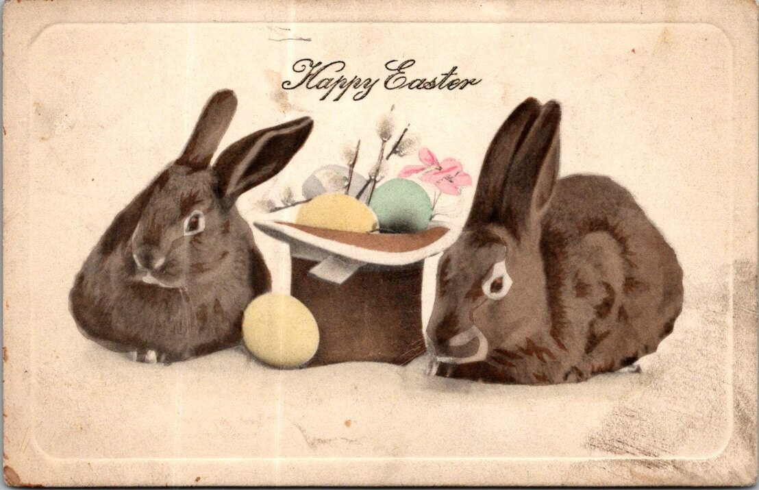 Vintage Happy Easter Bunny Rabbit Eggs Hat Postcard