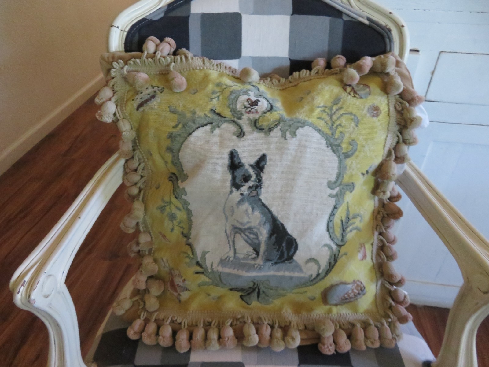 Aubusson style Boston Terrier w Seashells Butter Cream Yellow Needlepoint Pillow