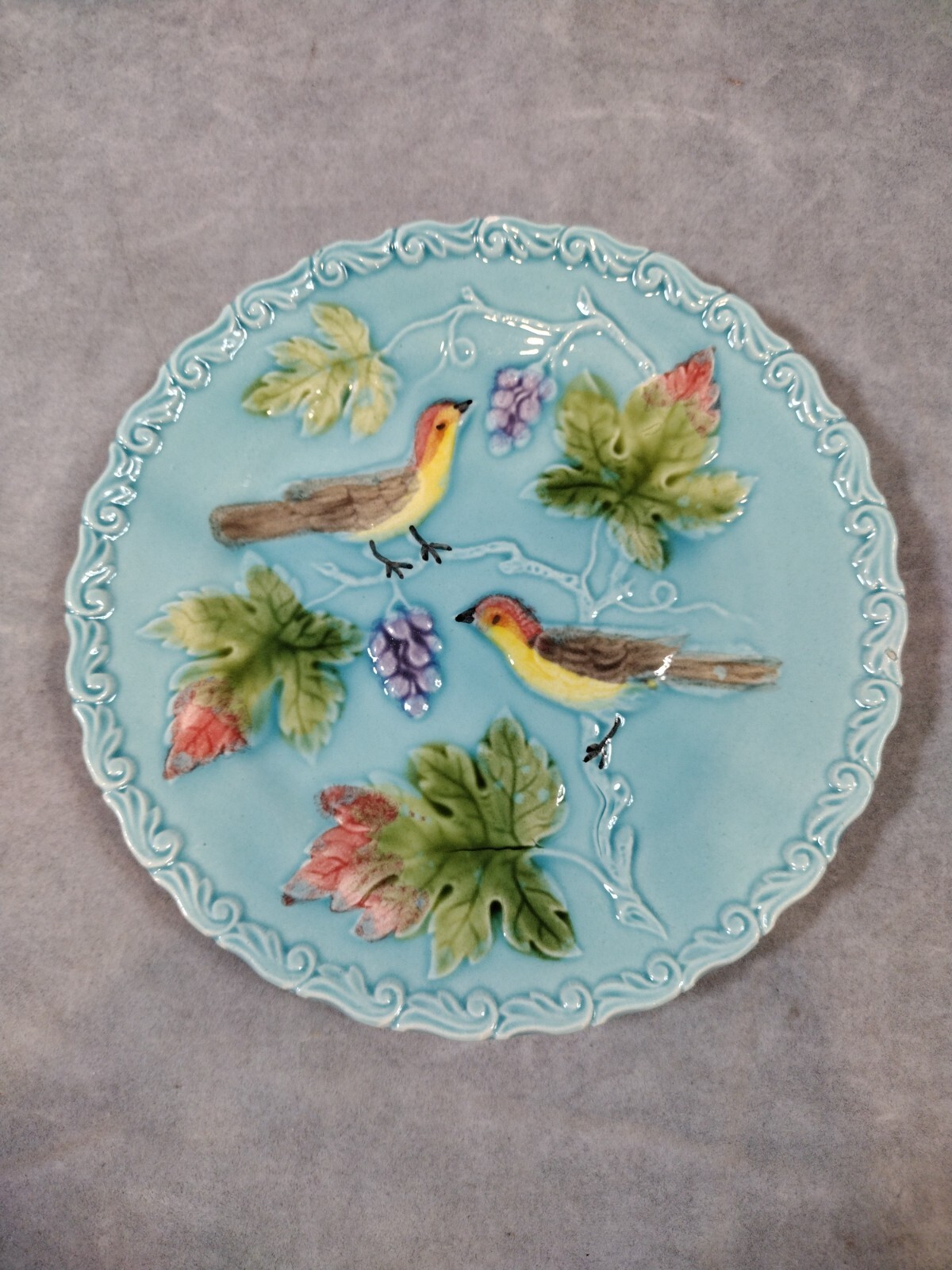 Antique 20s, Zell Germany Birds & Berries 6.5” Majolica Turquoise Plate Rare