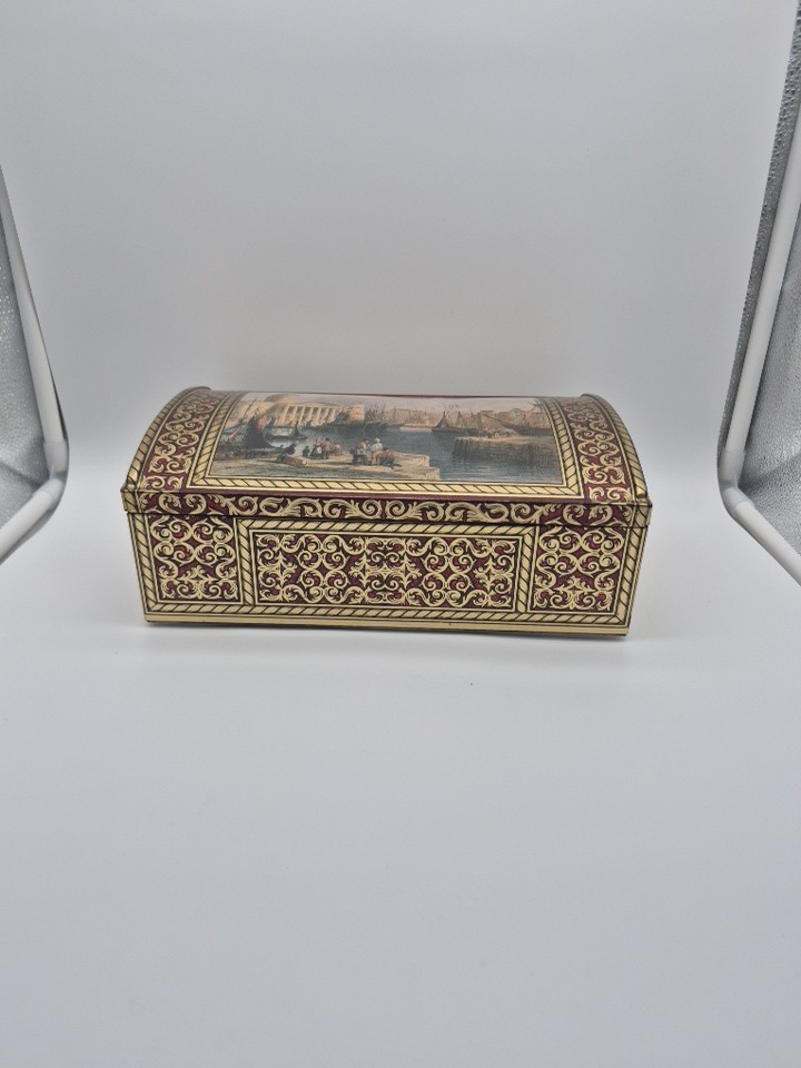 Vtg E. Otto Schmidt Hinged Tin Box Liverpool England Old English 1845 Scene 