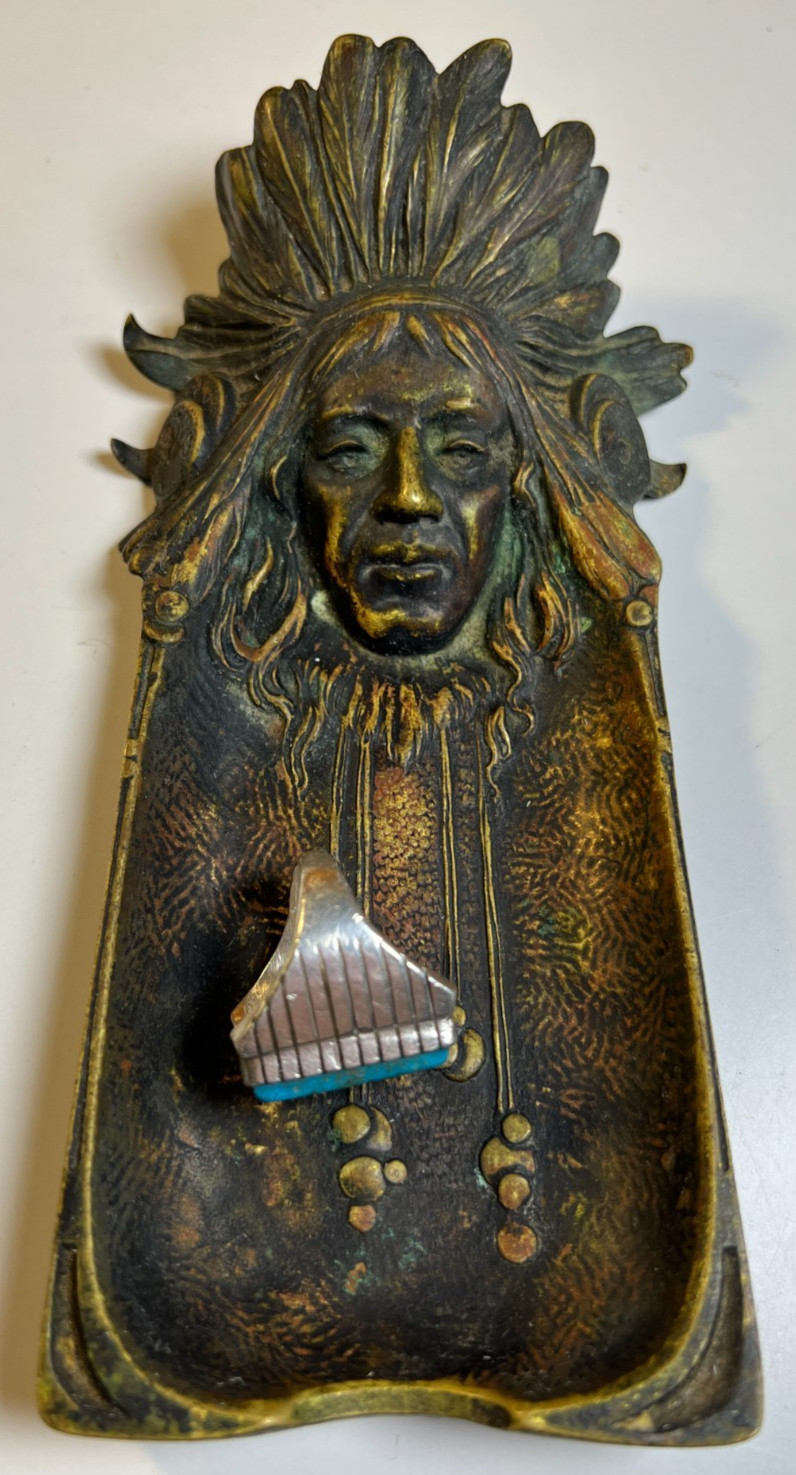 Antique Judd Indian Chief Solid Bronze Brass Cigar Jewelry Coin Trinket Tray