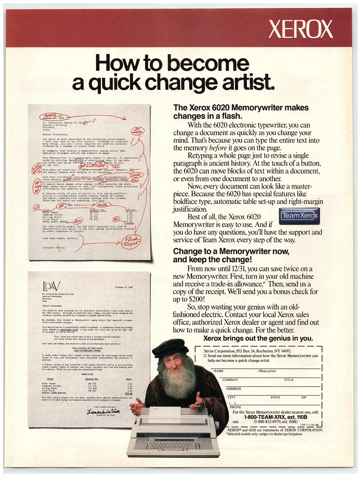 PRINT AD, 1986 Xerox 6020 Memorywriter Leonardo Da Vinci Quick Change Artist