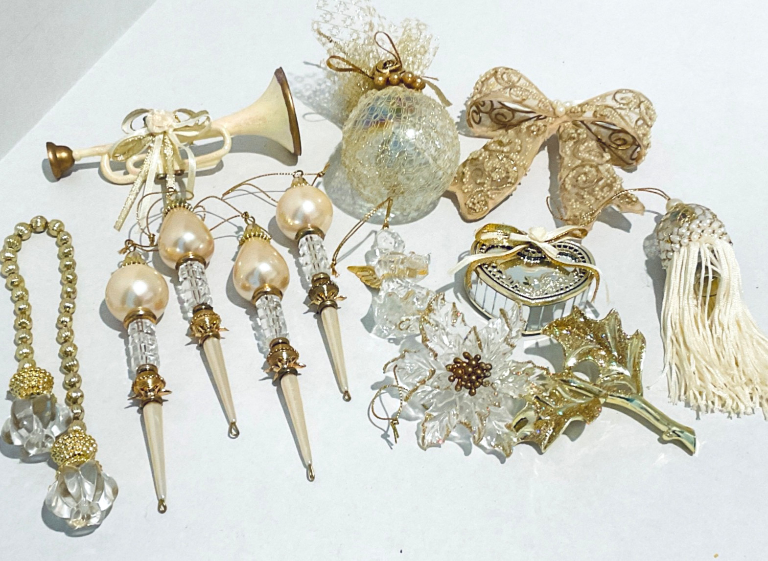 Lot of 12 Victorian Style Christmas Ornaments Pearl Angel Tassel Gold Ornaments