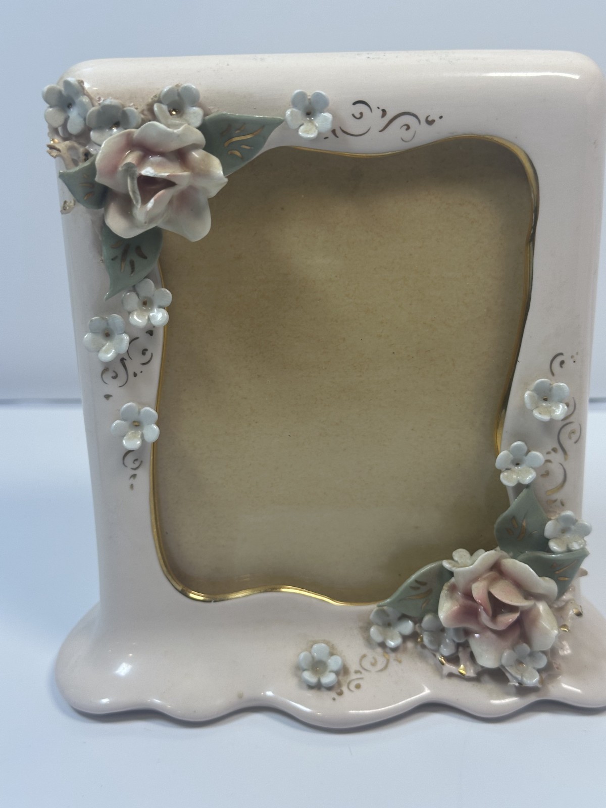 Vintage Pink Porcelain Florence Mfg, Hand Painted 4x5 & 3x2 Frames Floral 3D