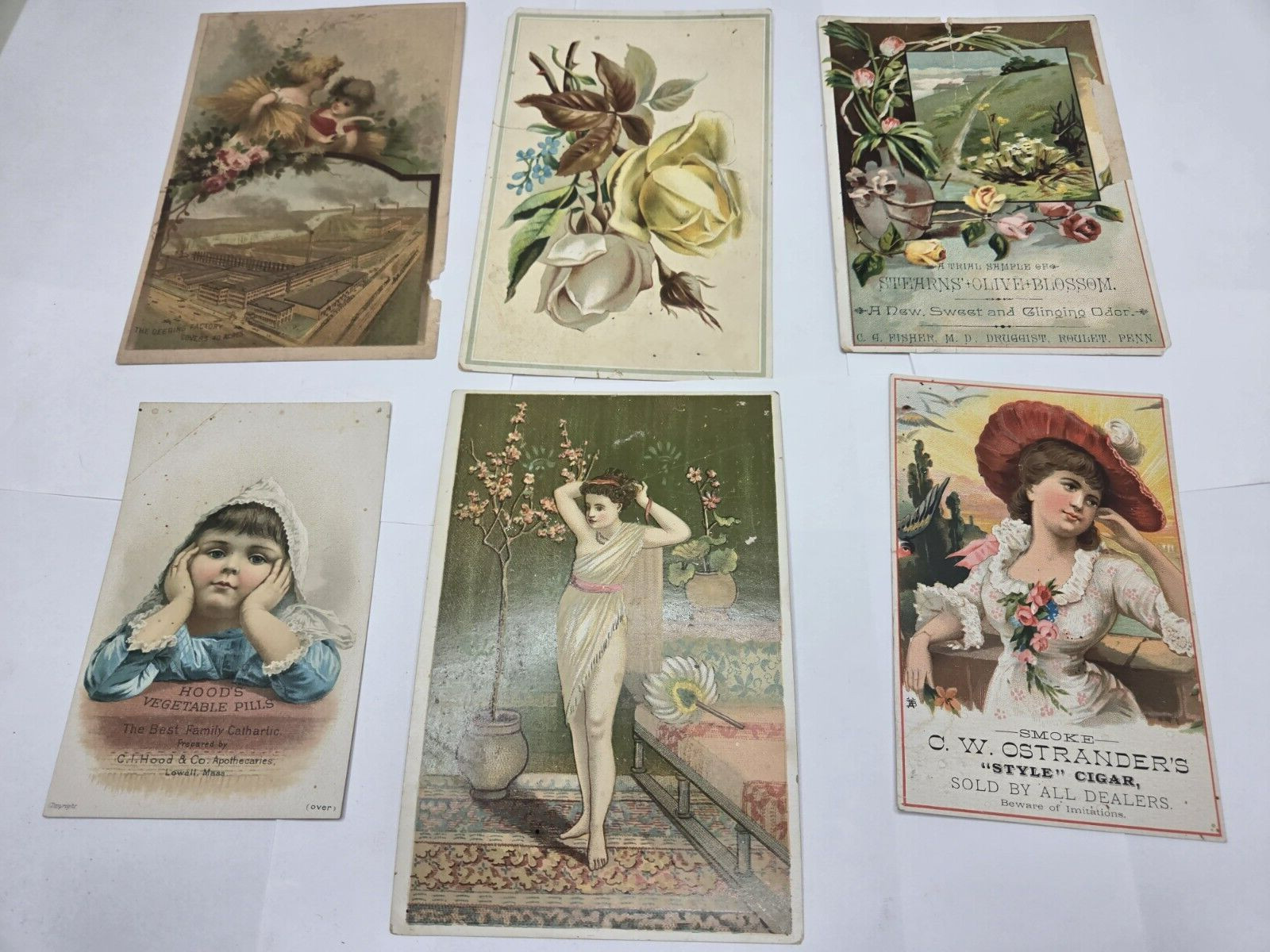 c1880's Trade cards Deering factory,Hoods cigar,perfumes,gellett