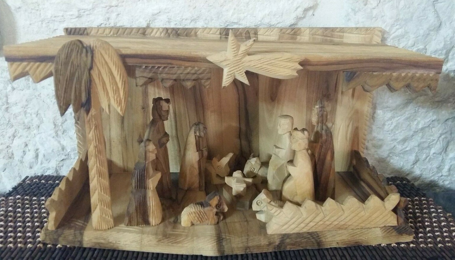 Special Vintage Hand Carved Olive Wood Christmas Nativity Scene From Bethlehem