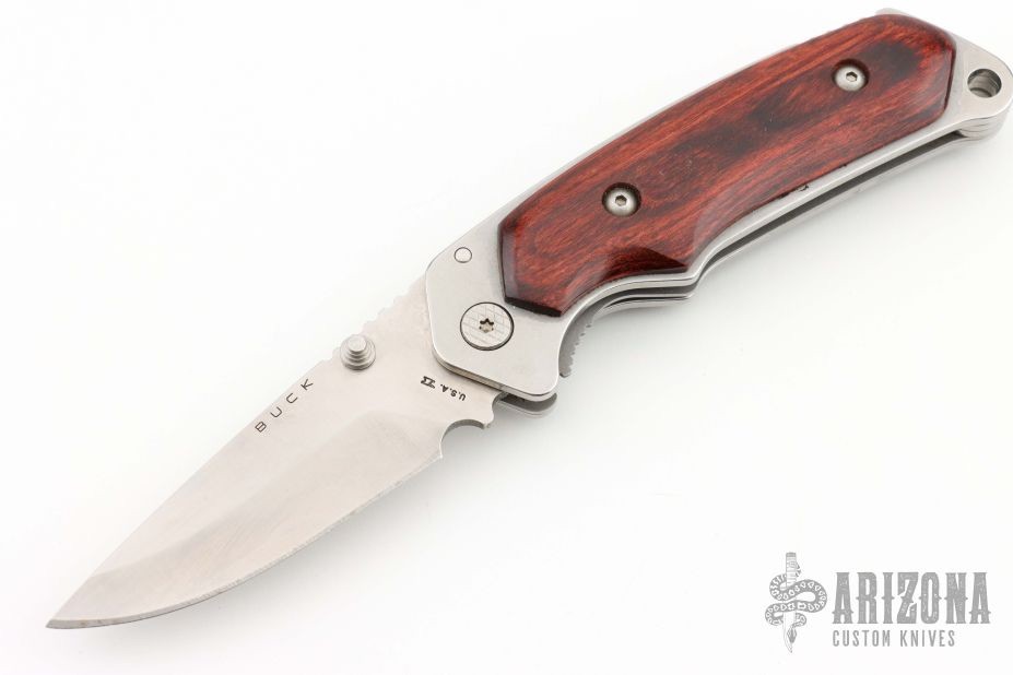 Buck 277, BOS ATS-34 Steel, Rosewood Handle, Burgundy Sheath