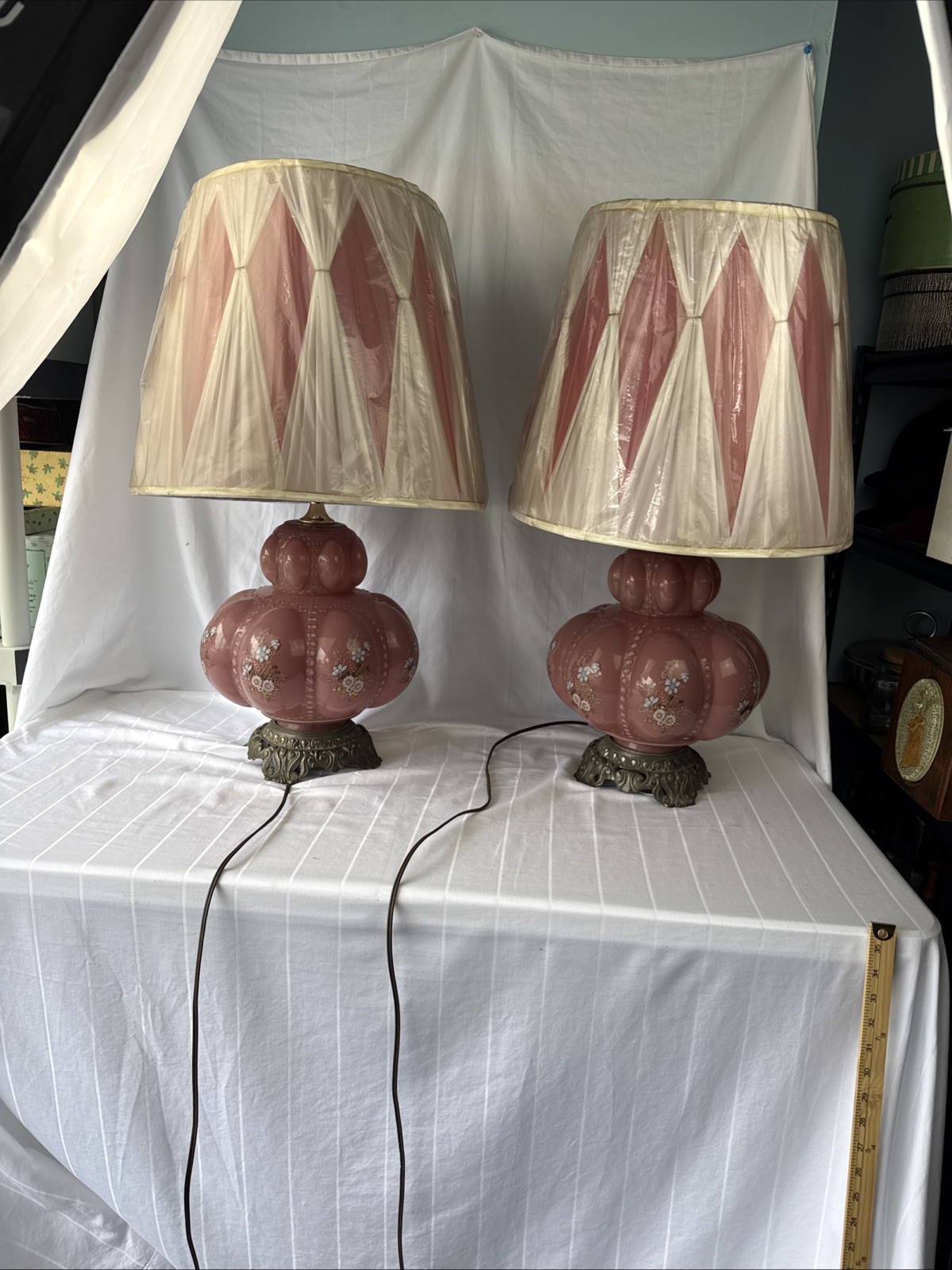 VTG Pair Falkenstein Pink Glass Double Bubble Lamp Hollywood Regency MCM