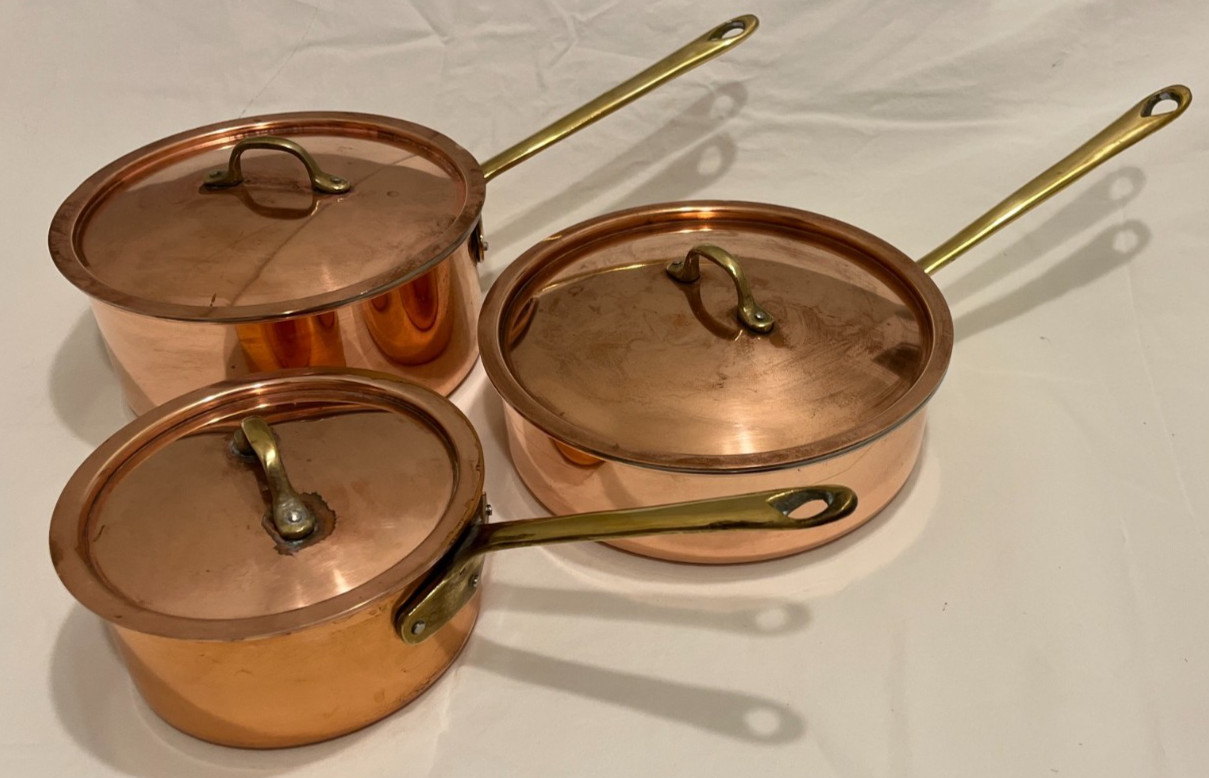 Vintage B&M Douro Copper Saucepans, set of 3 with lids, Made in Korea