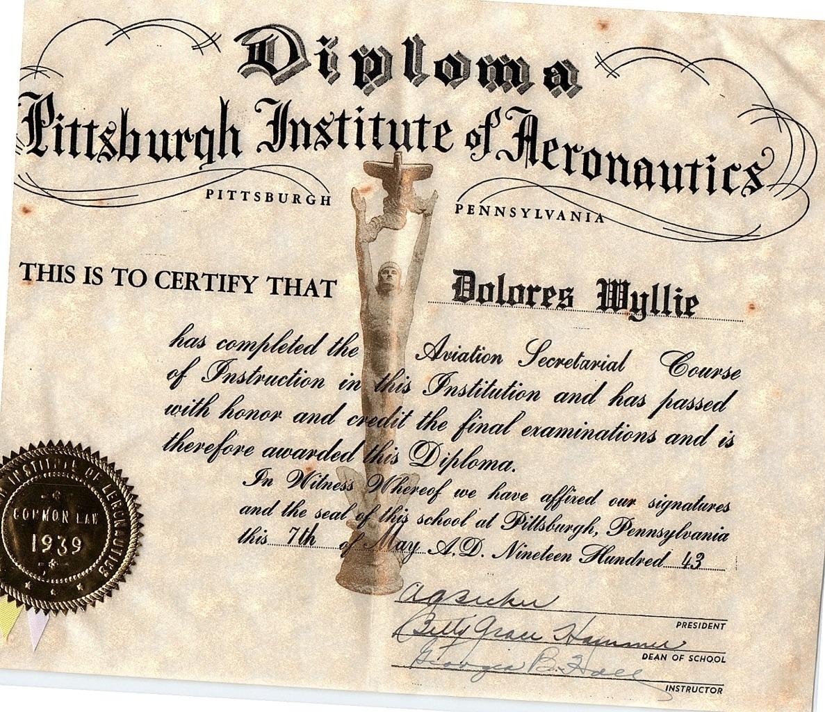 Pittsburgh Institute Of Aeronautics Diploma Pittsburgh PA 1939 Embossed