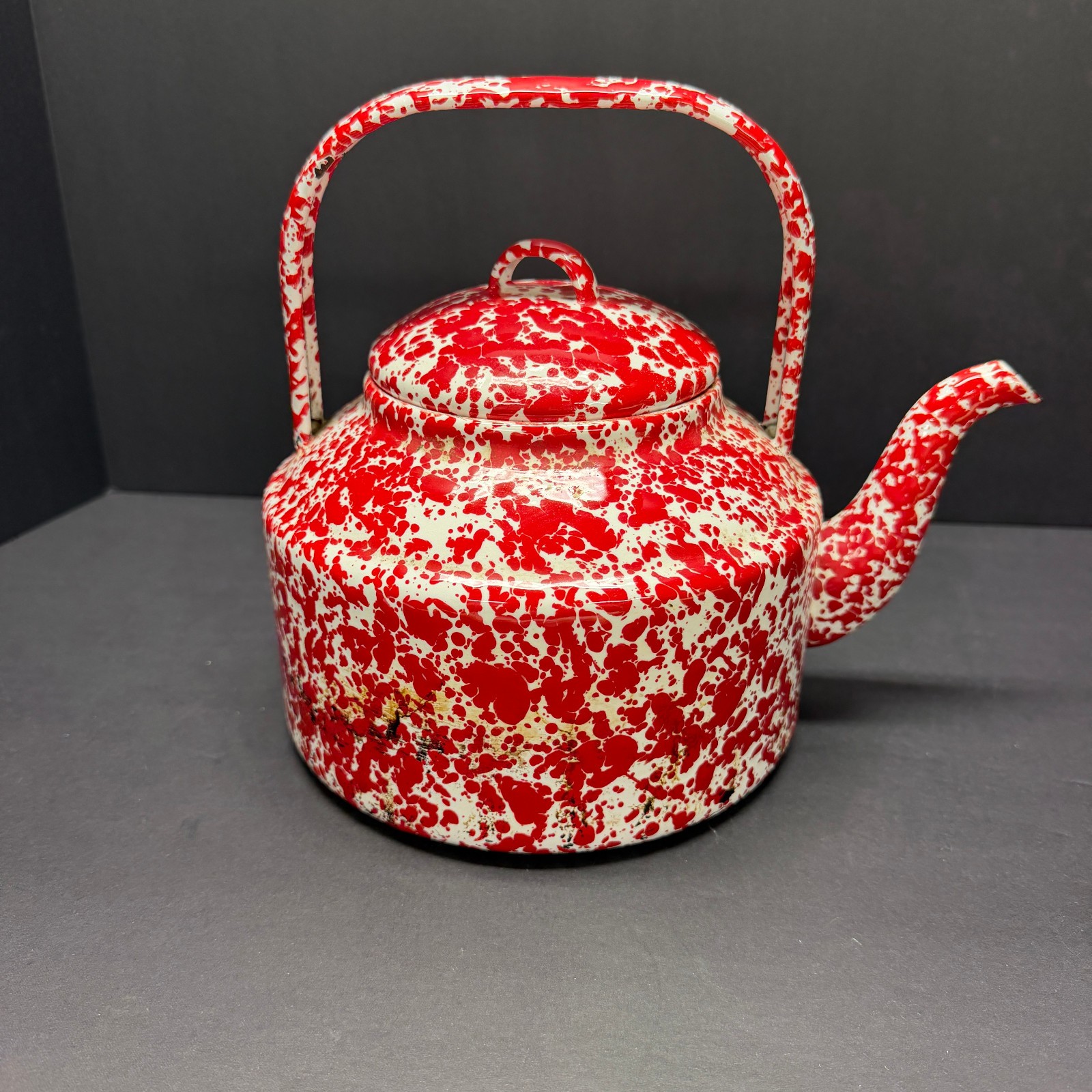 Vintage Red White Splatterware Enamelware Gooseneck Tea Kettle Pot w/Lid