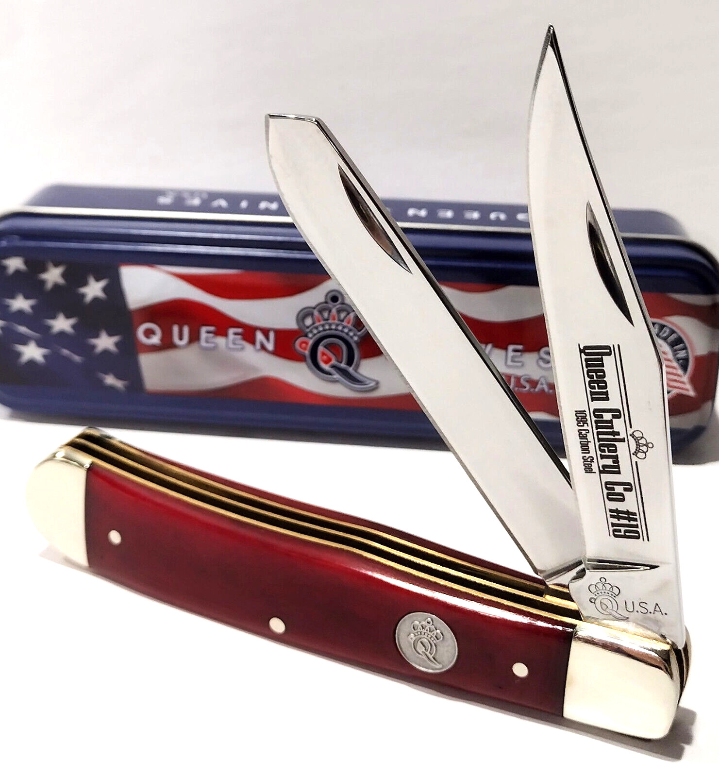 Queen Cutlery USA Smooth Red Bone Handles 2 Blade TRAPPER Folding Pocket Knife