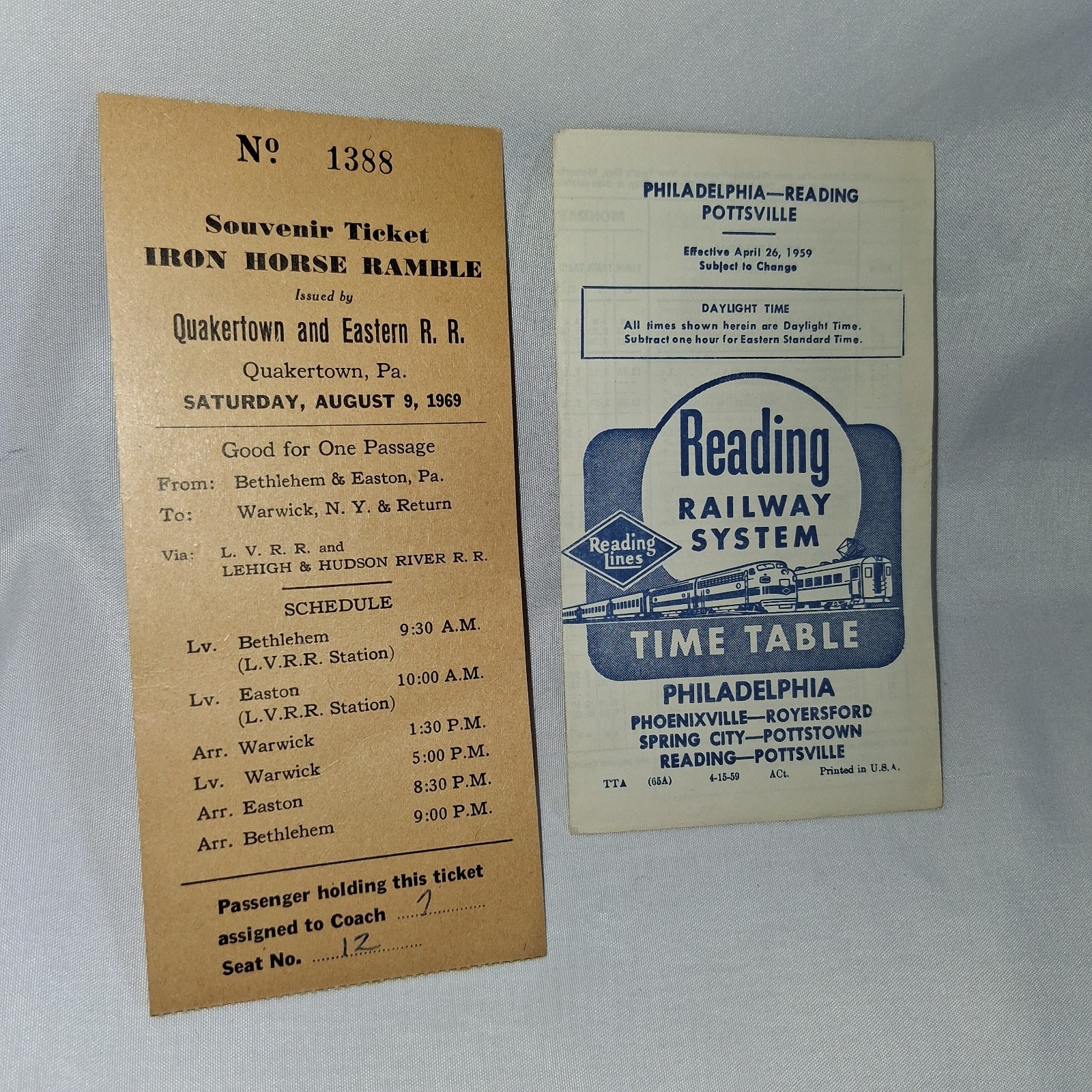 1969 Reading Railroad Iron Horse Ramble PA Train Ticket & Schedule - Train Lot