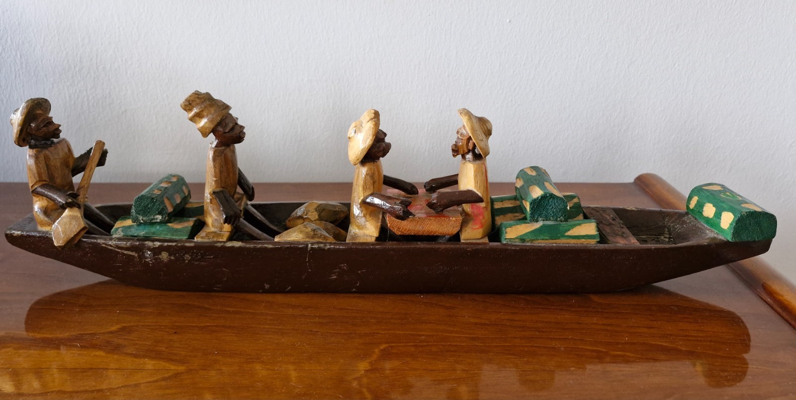 Vintage Hand Carved Wood African Folk Art Canoe Boat Figures Tribal Sculpture