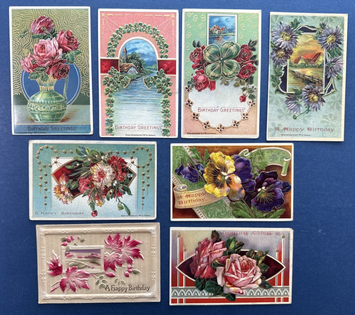 Birthday 8 Antique Postcards Mixture. EMB, Gold. Homes. Flowers. PUBL: B&S.