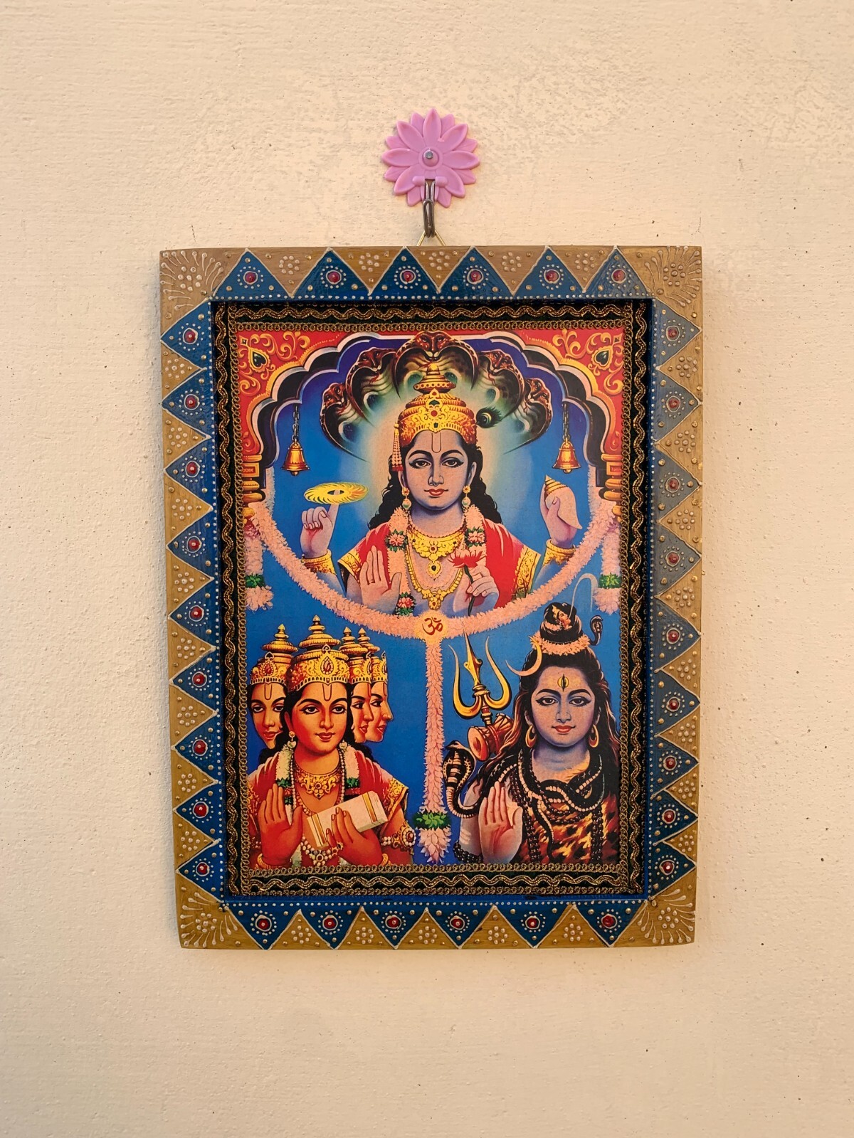 God Old Frame, India Hindu Religious Frame, Brahma Vishnu Shiva Print - 9 x 12 