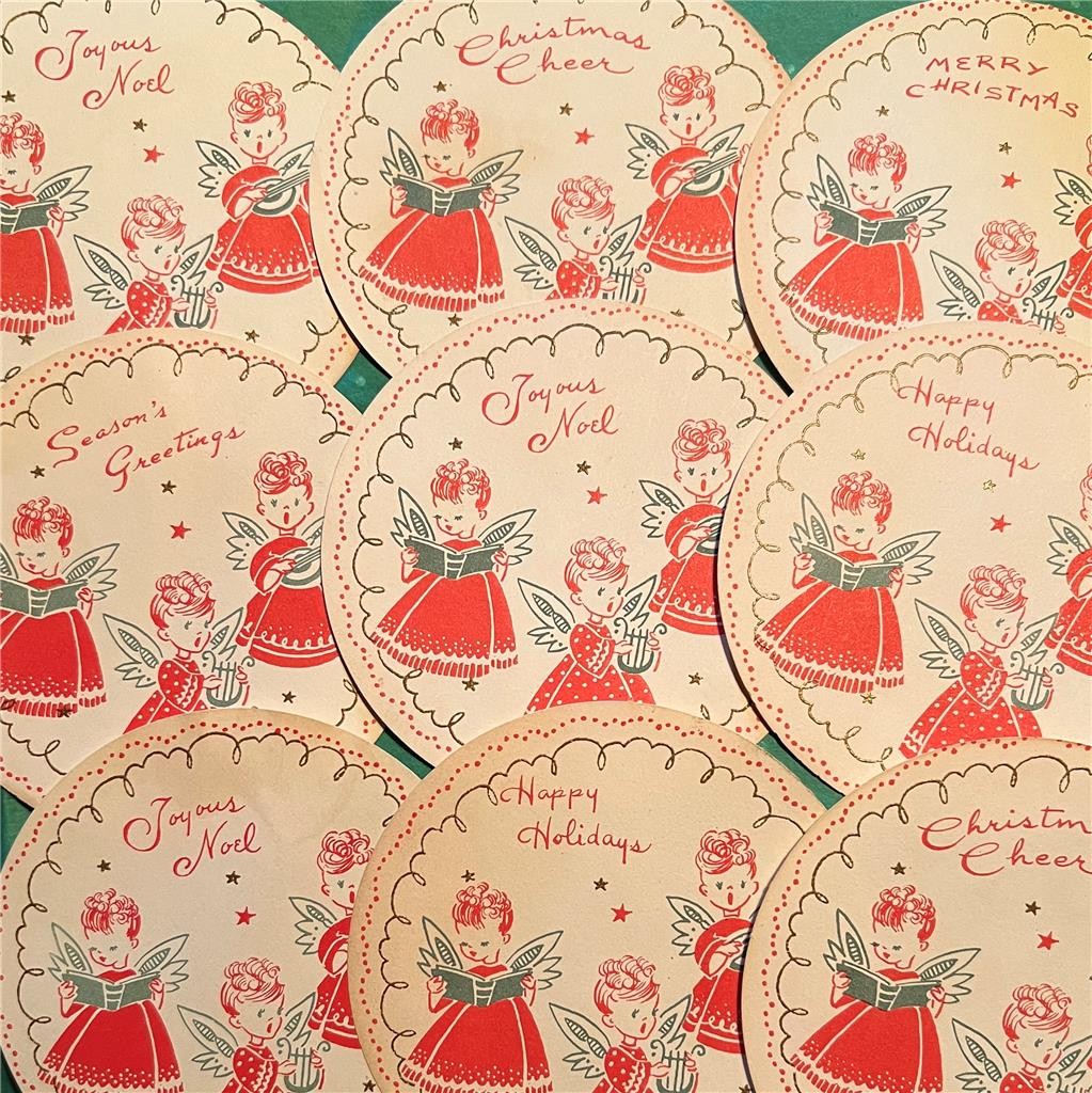 Vtg Mid Century XMAS ANGEL Lot 9 Paper Coasters Tags Embellishments MCM Gold 50s