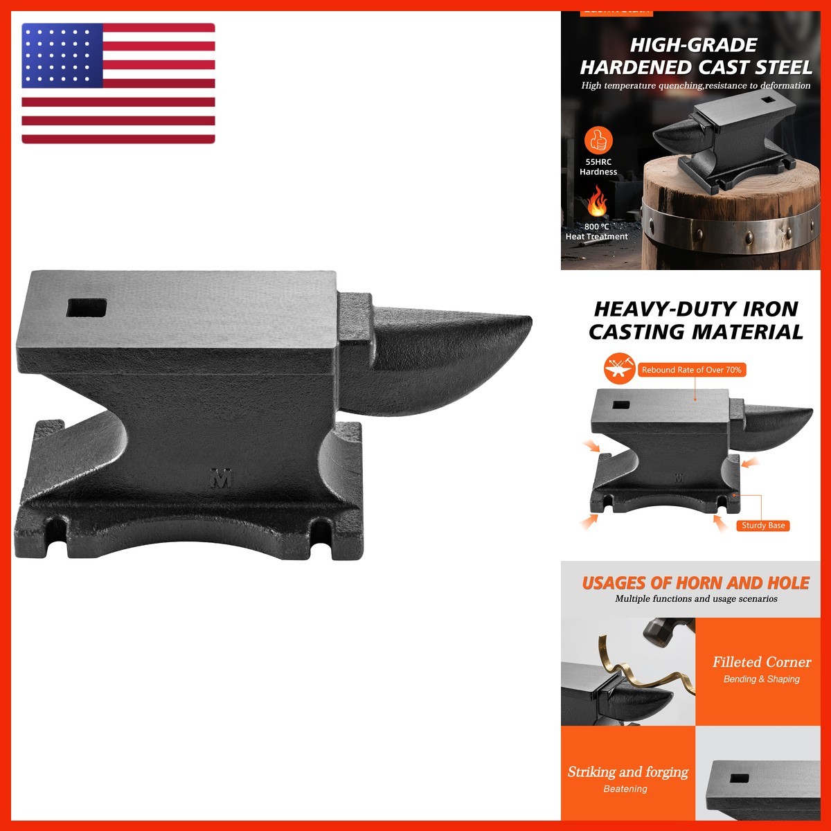 Easmvetaln 100 Lbs/45kg Single Horn Cast Iron Anvil, High Hardness Heavy-Duty