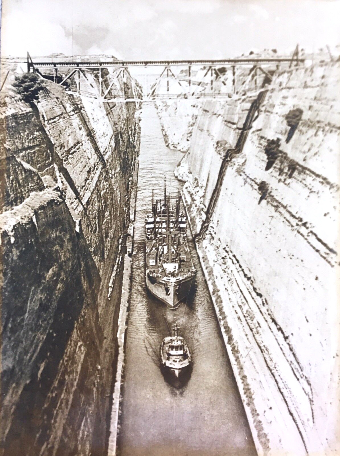Vtg Sepia Print Photo Corinth Canal Greece Ship and Railroad Bridge Year Unknown