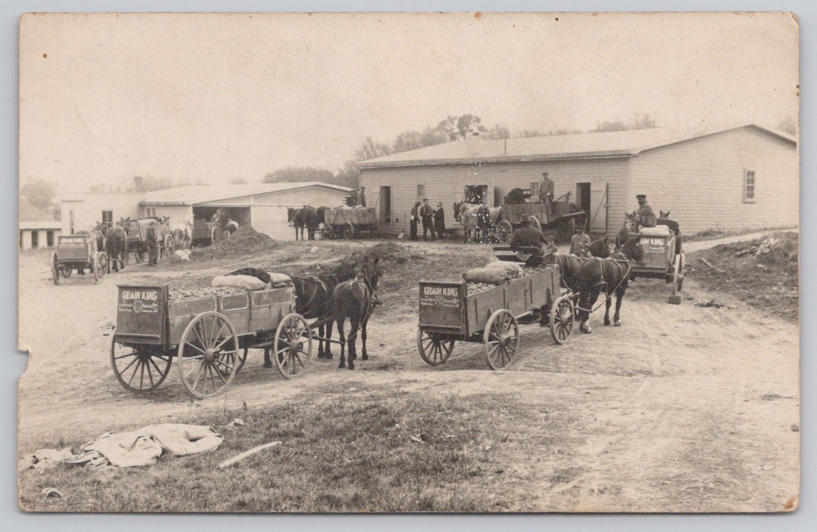 Grain King Wagons Full of Grain, Horses, 1922 RPPC Postcard