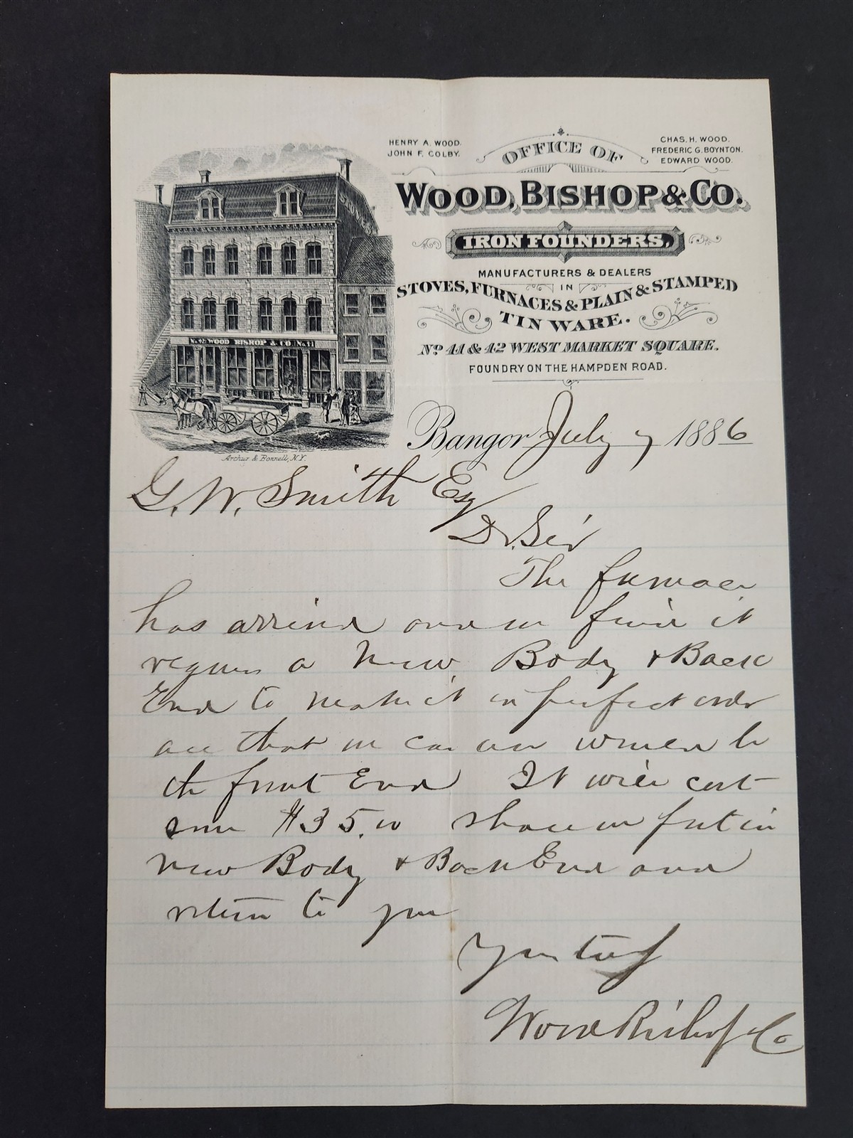 1886 antique WOOD BISHOP & CO bangor me LETTERHEAD letter IRON FOUNDERS handwrit