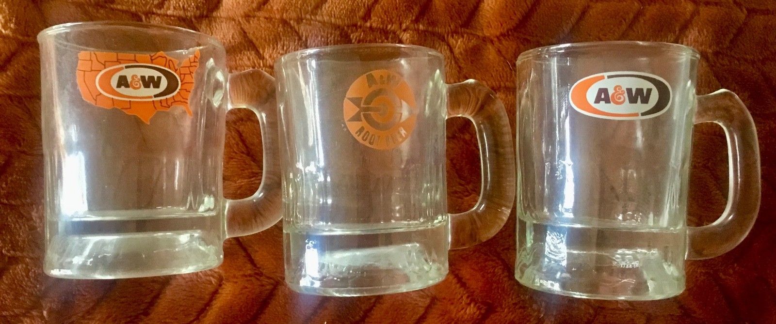 Set Of 3 Vintage A&W Baby Root Beer Mugs 3” Tall Oval Map Bullseye Logos 