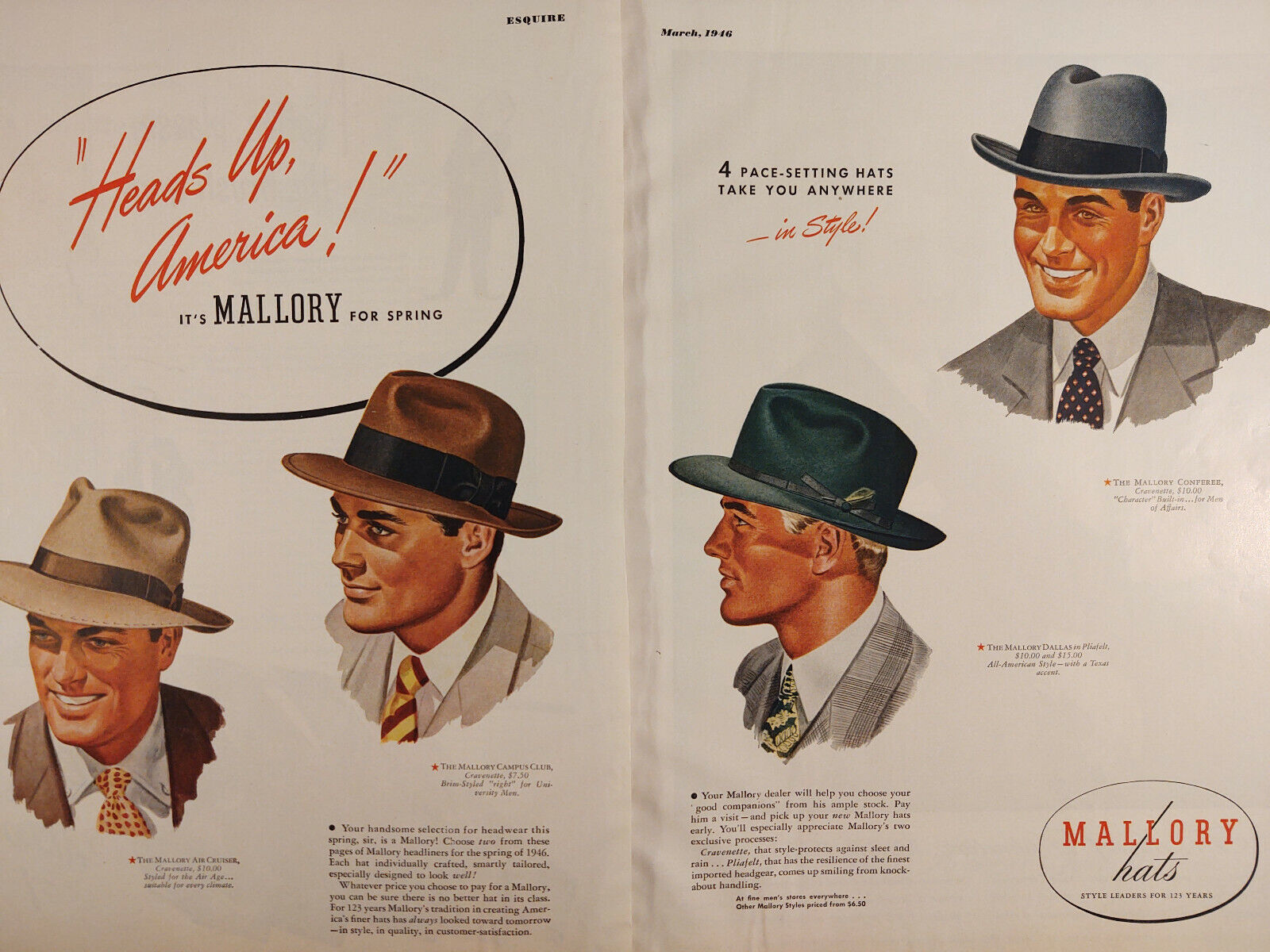 1946 Original Esquire Art WWII Era Double page AD for MALLORY Hats John Boles