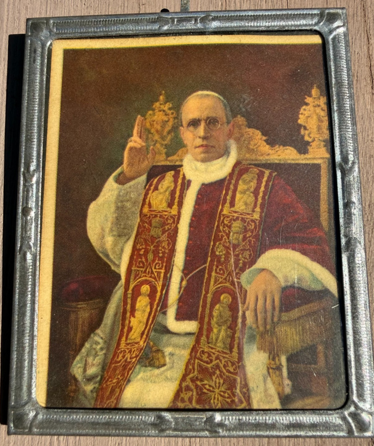 Vintage Framed Lithograph Print of Pope Pius XII in Traditional Papal Attire
