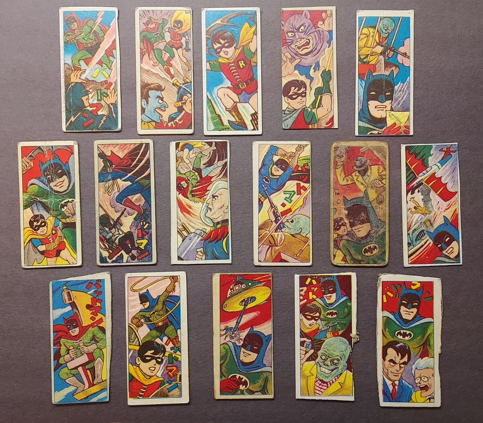 Complete Set of 16 1960s Vintage Japanese Batman Robin Bat-Manga Menko Cards DC