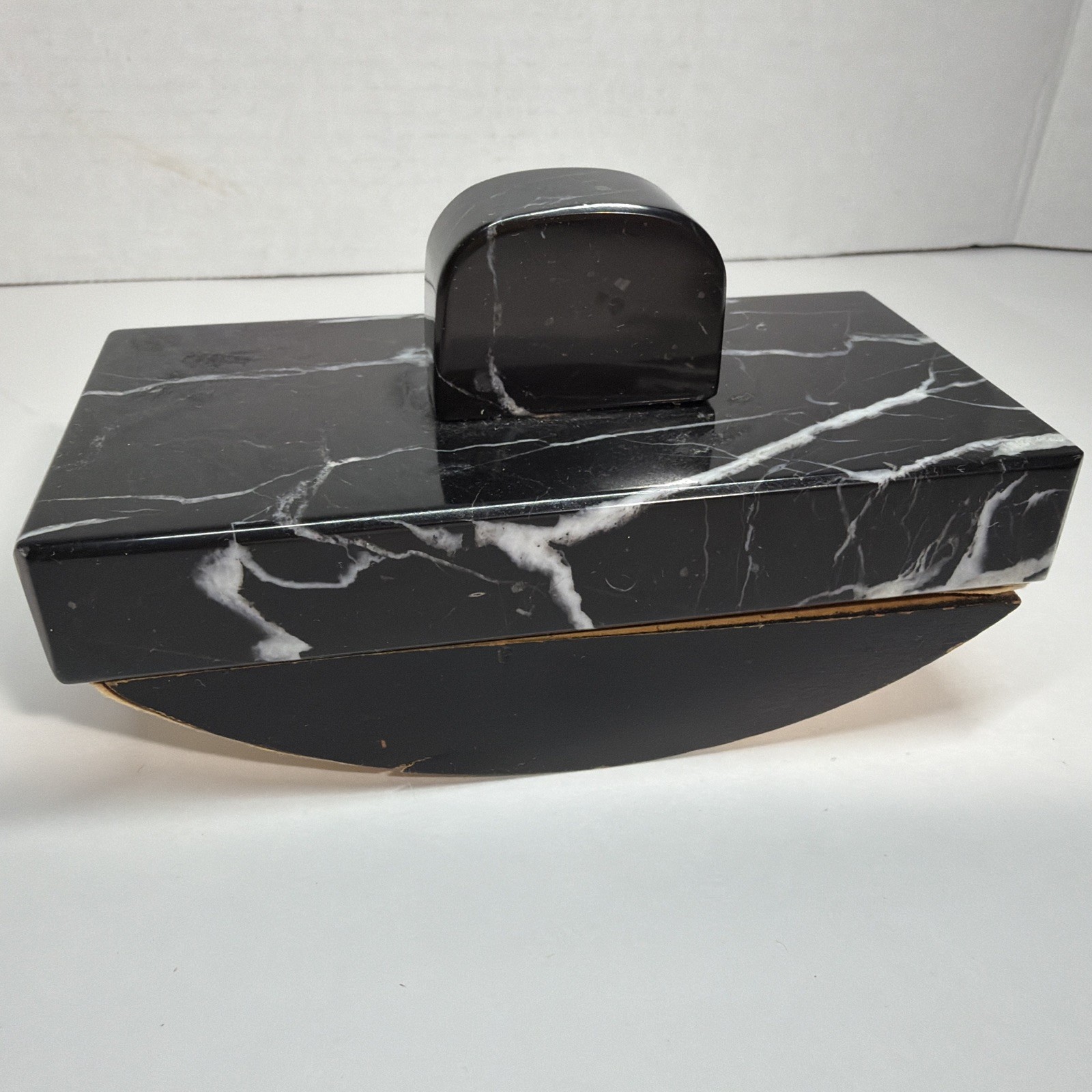 Antique Black W/ White Veins Marble Deco Ink Blotter Desk Accessory Beautiful