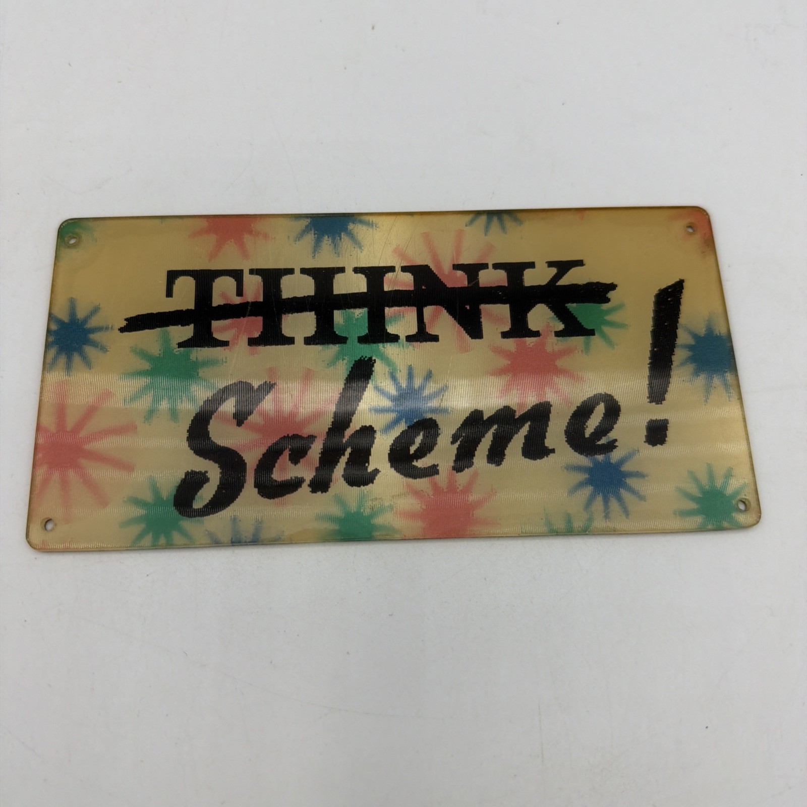 Vintage THINK / Scheme Plastic Lenticular Desk Wall Sign Plaque 6 x 3 Inches