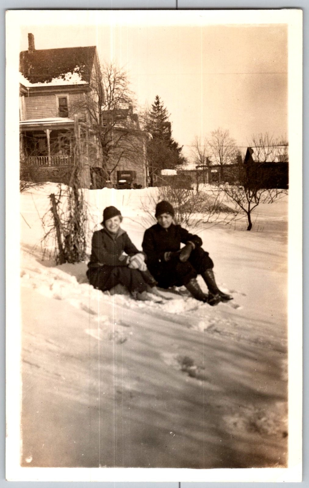 Vtg B&W Snapshot Two Women Sitting Winter Snow House Breeches Boots Cloche Hat