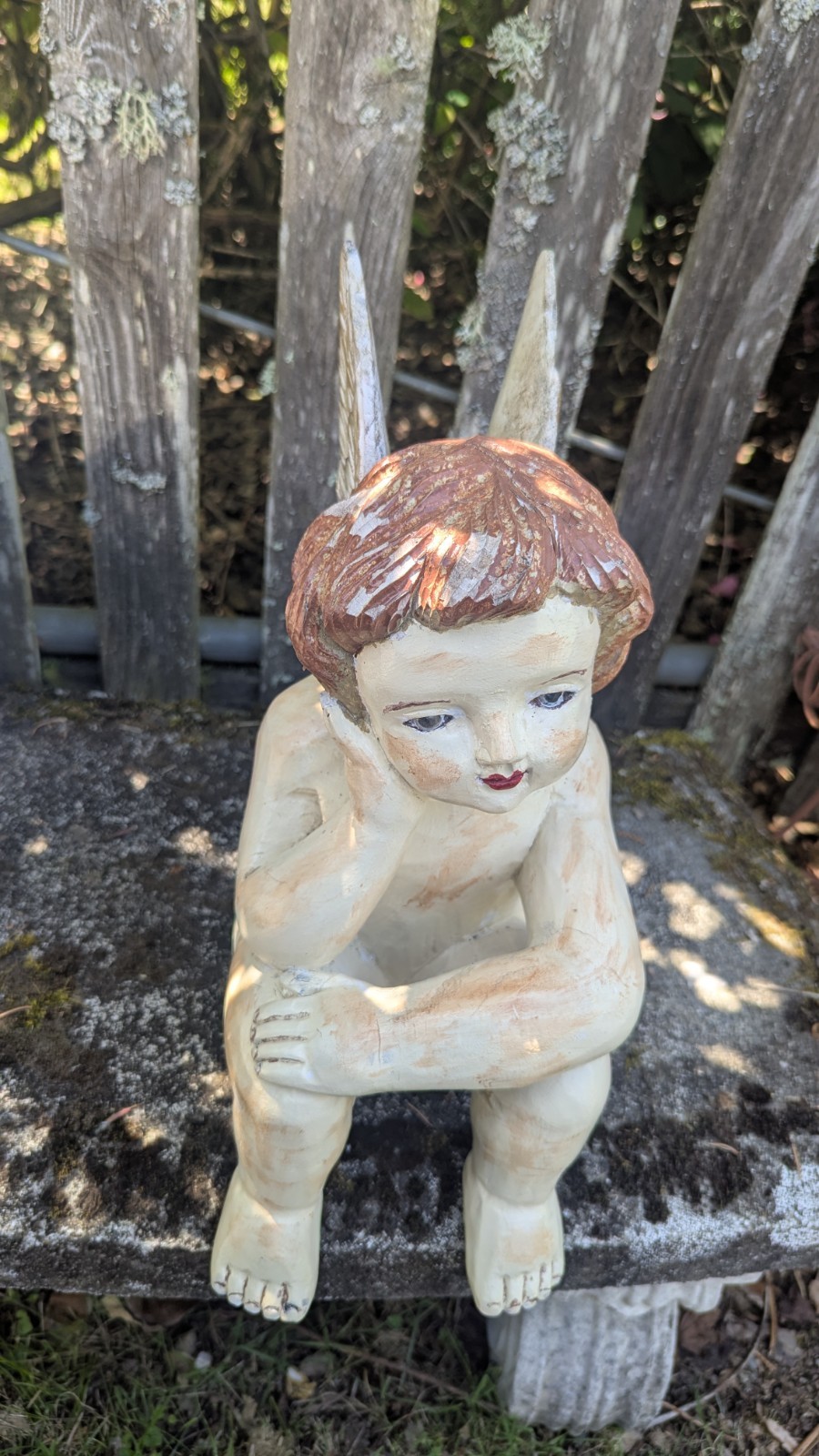 Vintage Hand Carved Wood Cherub Angel Sitting