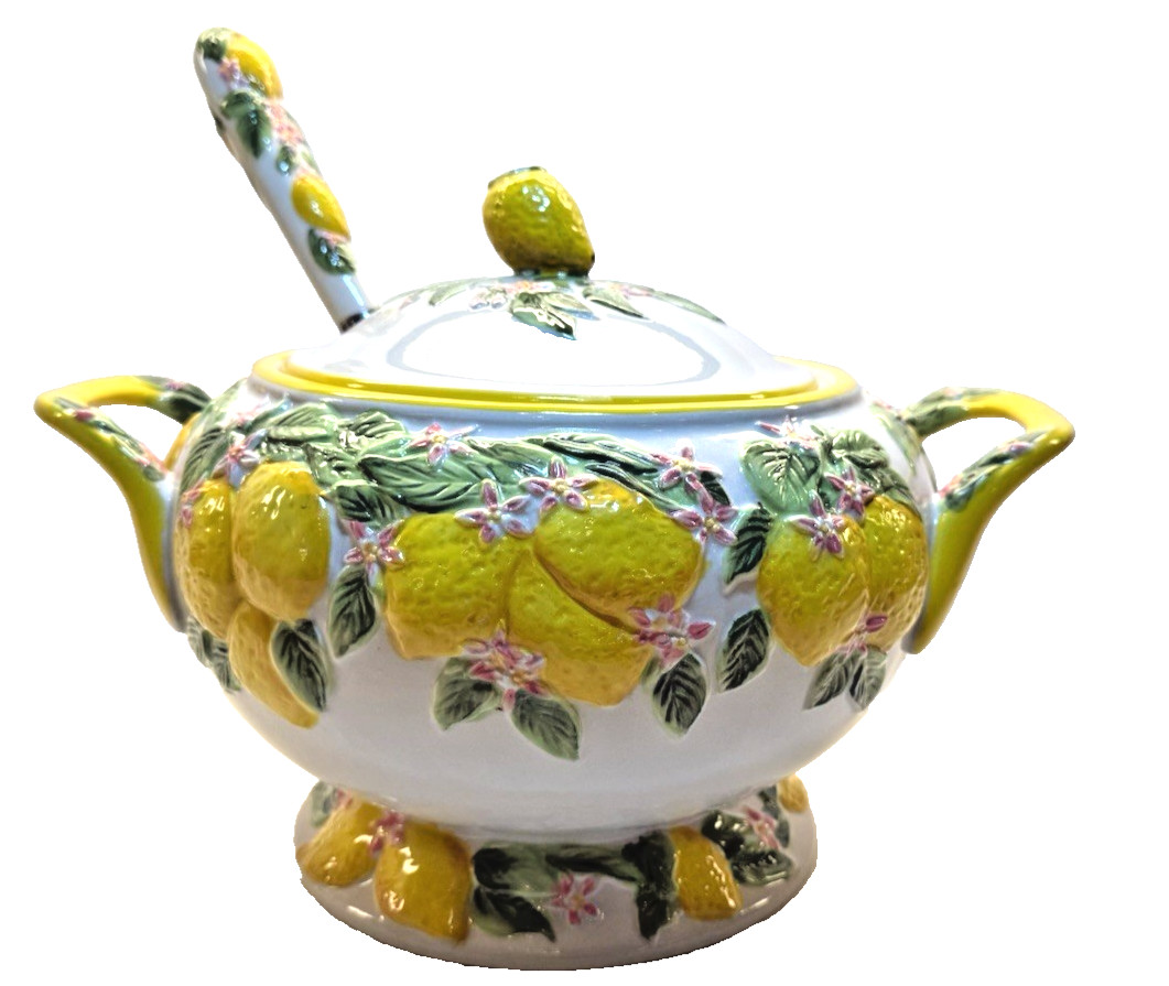 Temp-Tations Figural Fruit Lemons with Pink Flowers 3.5QT Soup Tureen with Ladle