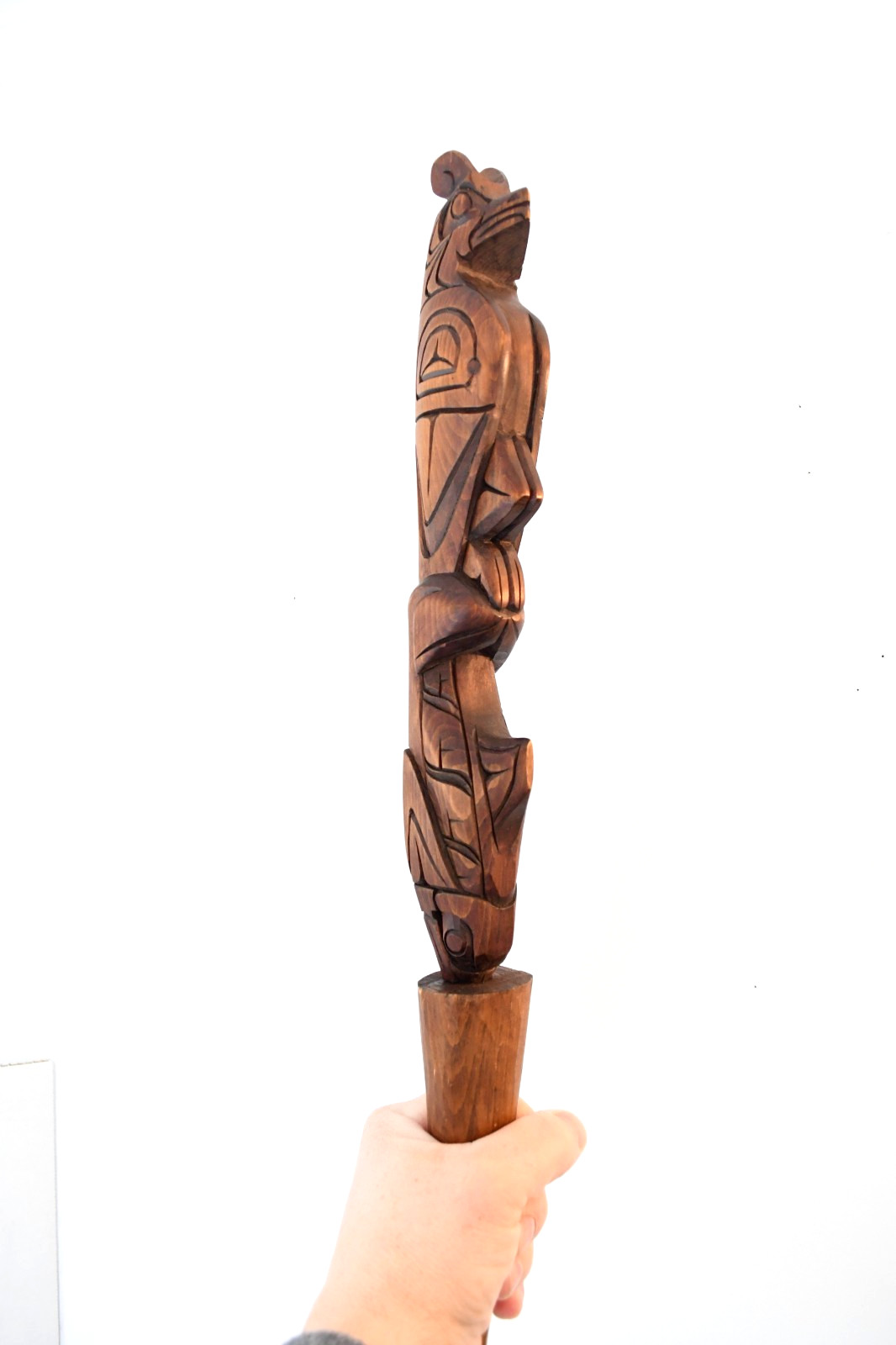 Vintage PNW Talking Stick 1970's Eagle and Orca Red Cedar 20x 2 Signed Alaska