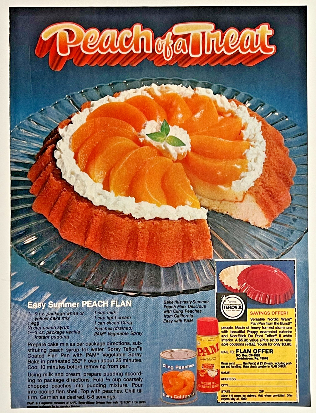 PAM Cooking Spray Peach Flan Offer Recipe Vintage Print Ad 1979