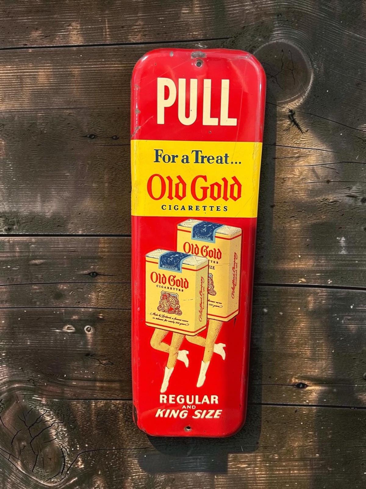 Vtg Old Gold Cigarettes Tin Litho Door Pull Sign Dancing Packs Regular King Size