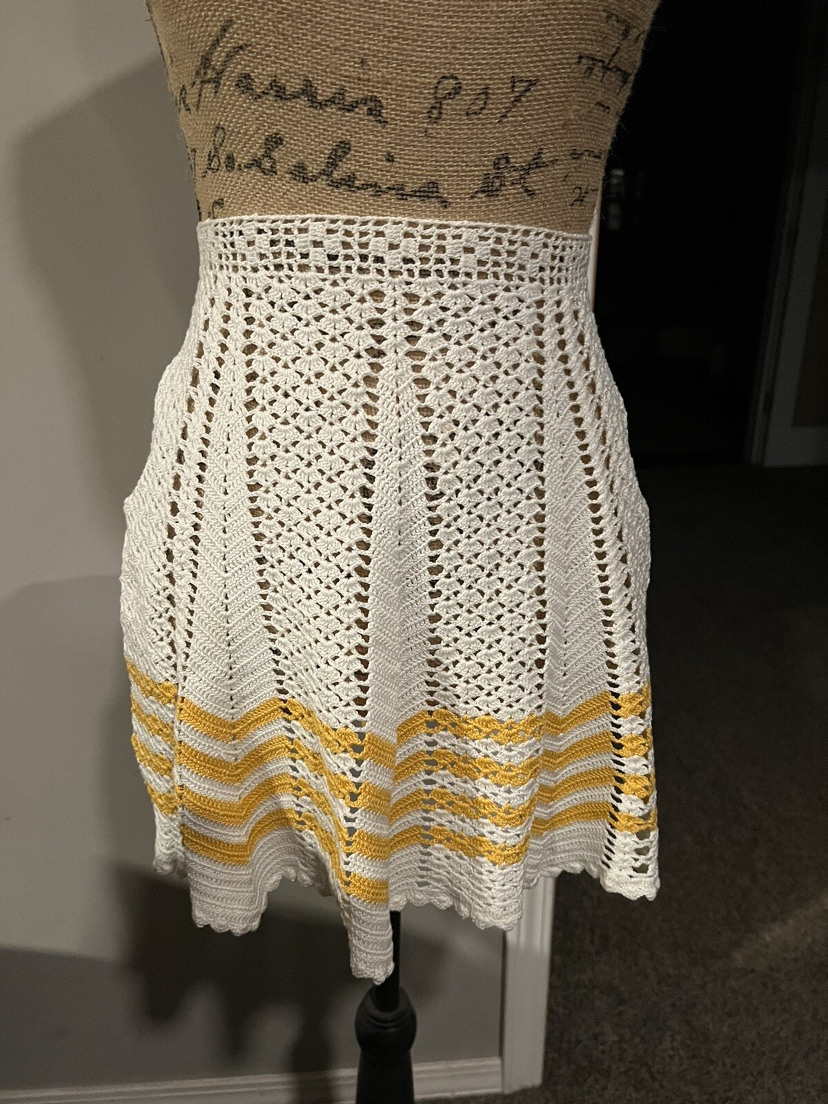 Vintage Handmade Crochet Yellow And White 1/2 Apron Intricate Detail
