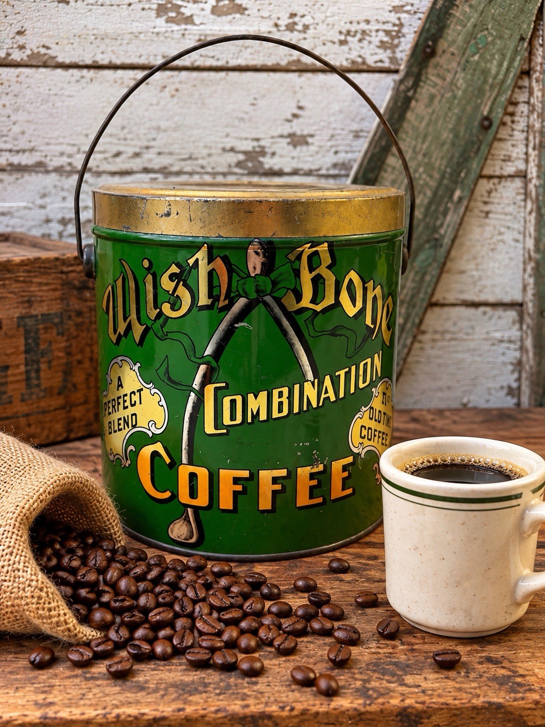 Antique Vintage Wish Bone Coffee Tin Bloomington Springfield IL Grocery Store