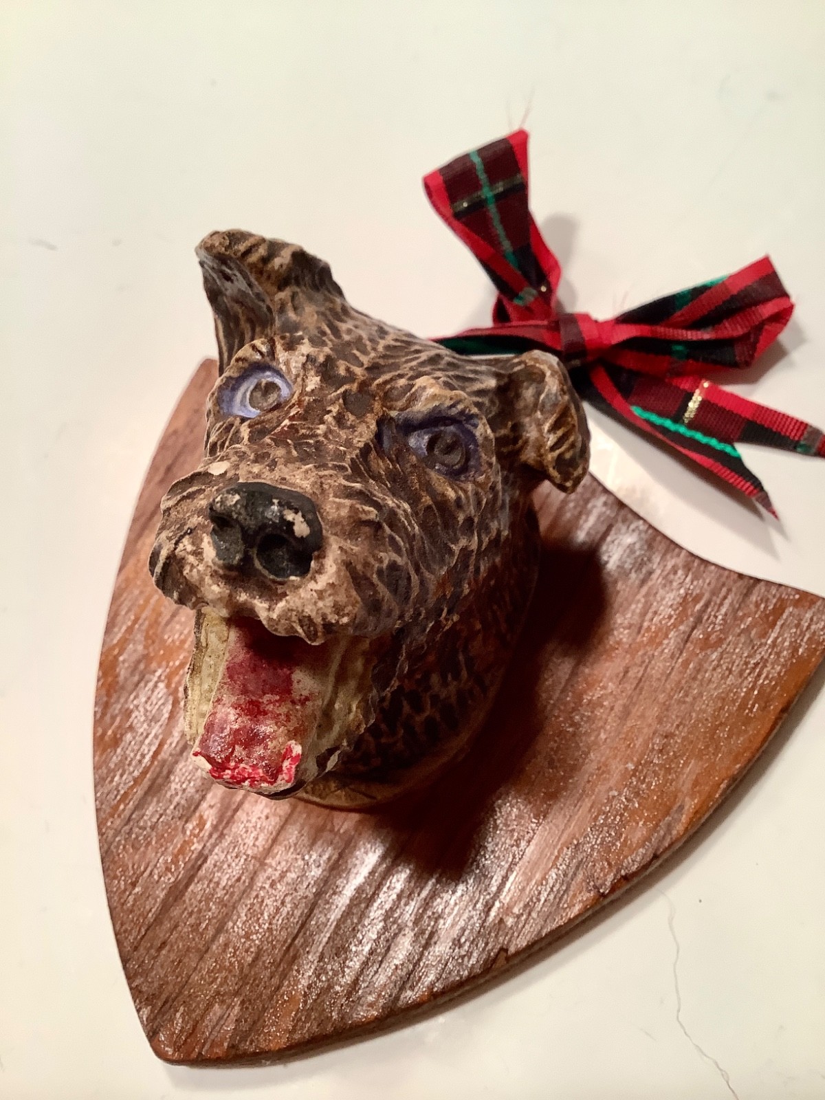 Antique Terrier Dog Hand Carved -Black Forest?-on Wood Shield For Hanging