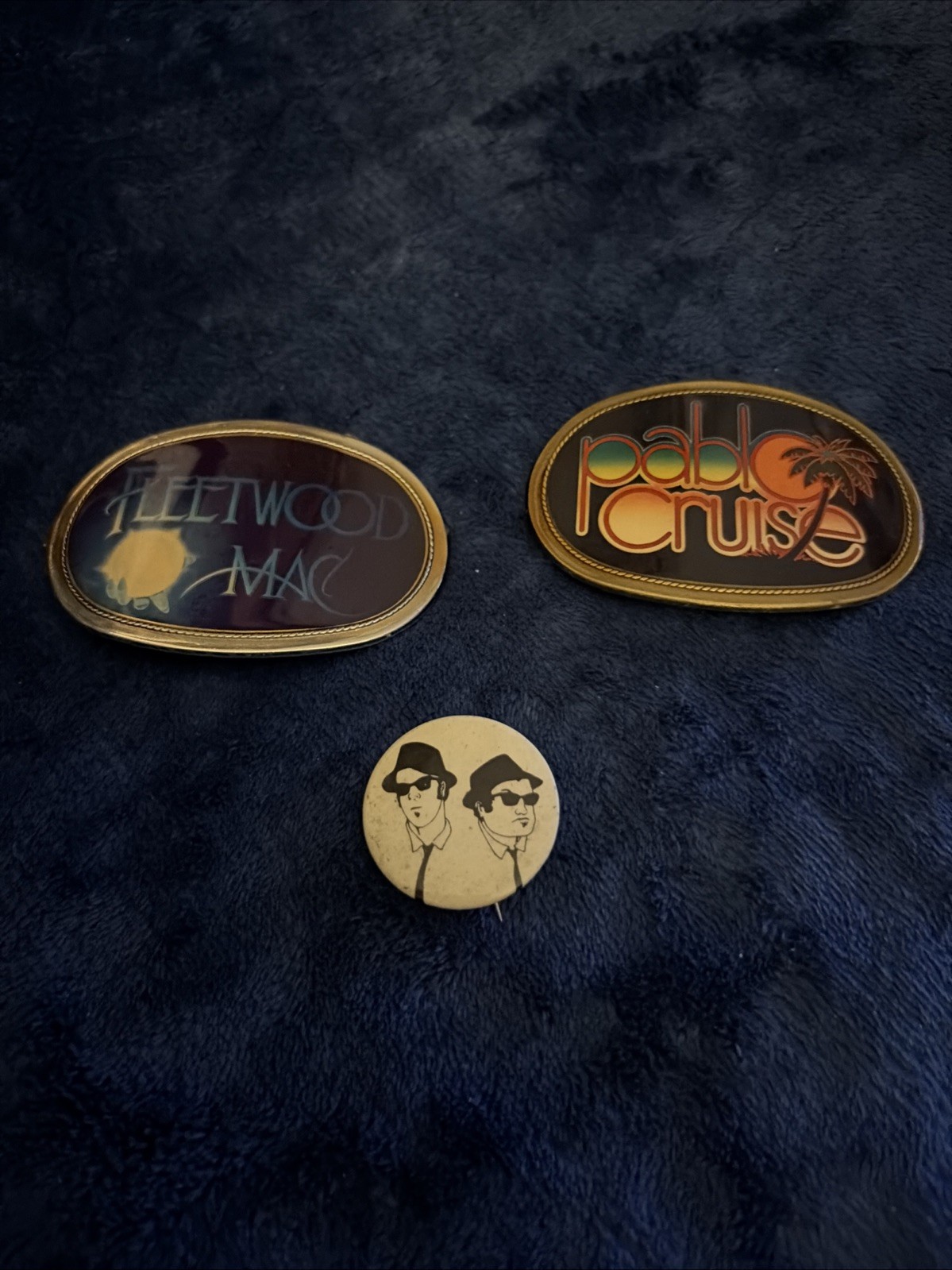 Lot of 3 Classic Rock Belt Buckes and nostalgic period Blues Brothers button