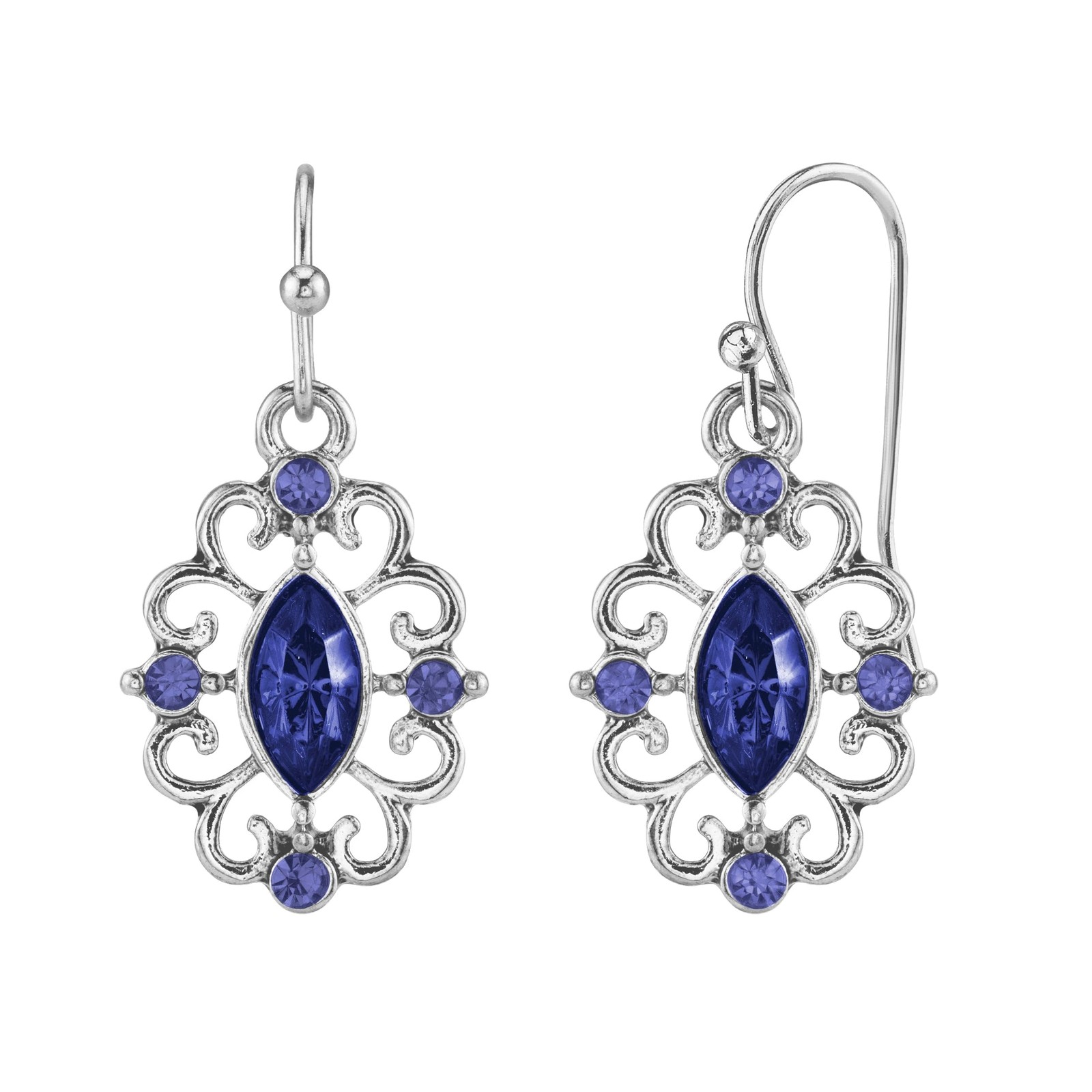 1928 Jewelry Women's Navette Ocean Blue Crystal Royale Filigree Drop Earrings