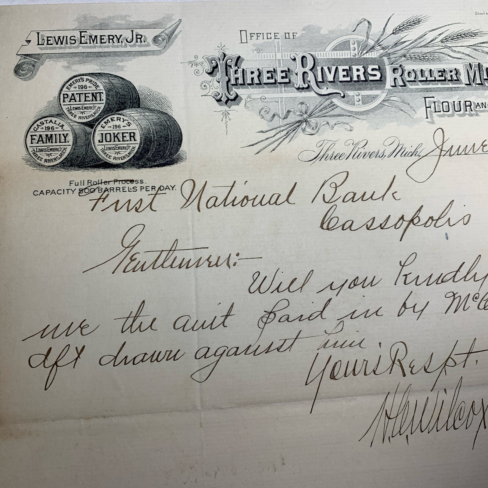 Letterhead SIGNED Wilcox Of Three Rivers Michigan Flour Mill 1891 Lewis Emery