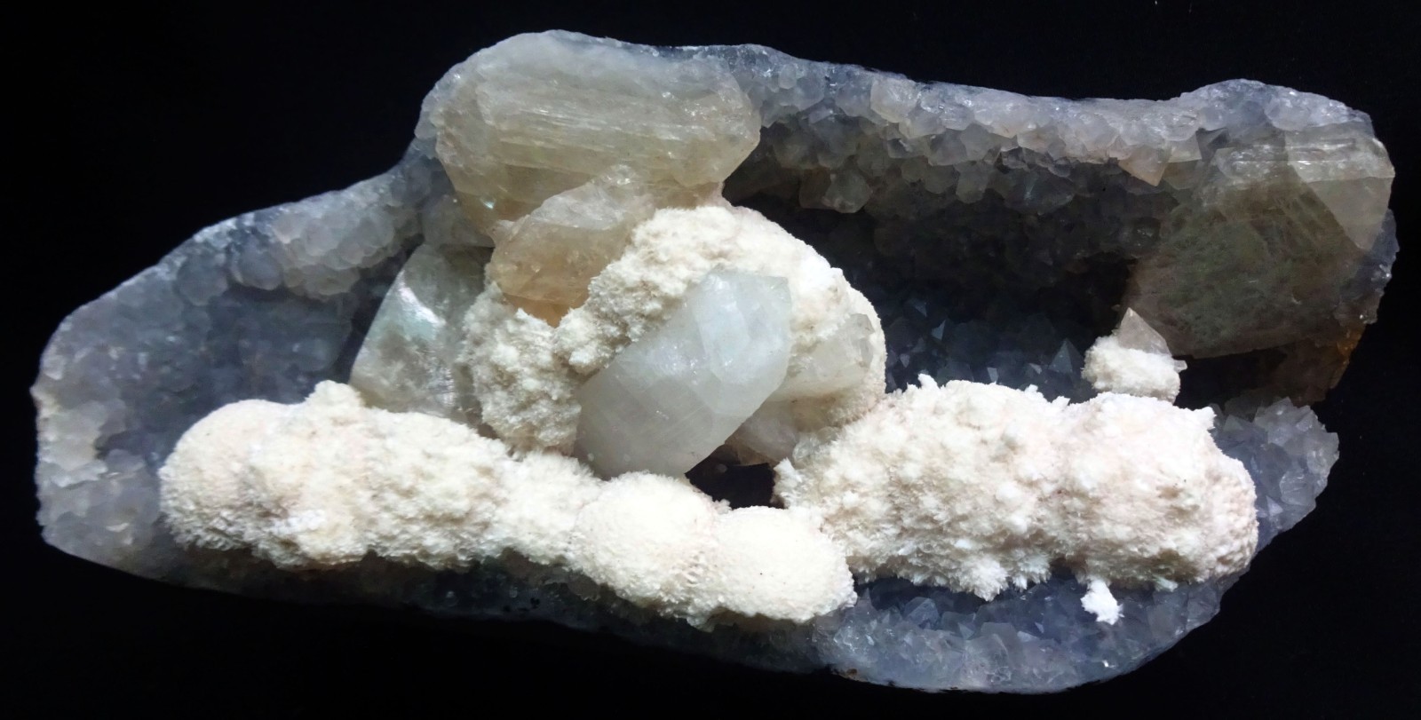 STUNNING OKENITE BALLS W/ CALCITE & APOPHLYLITE CRYSTALS IN AMETHYST MATRIX GEOD